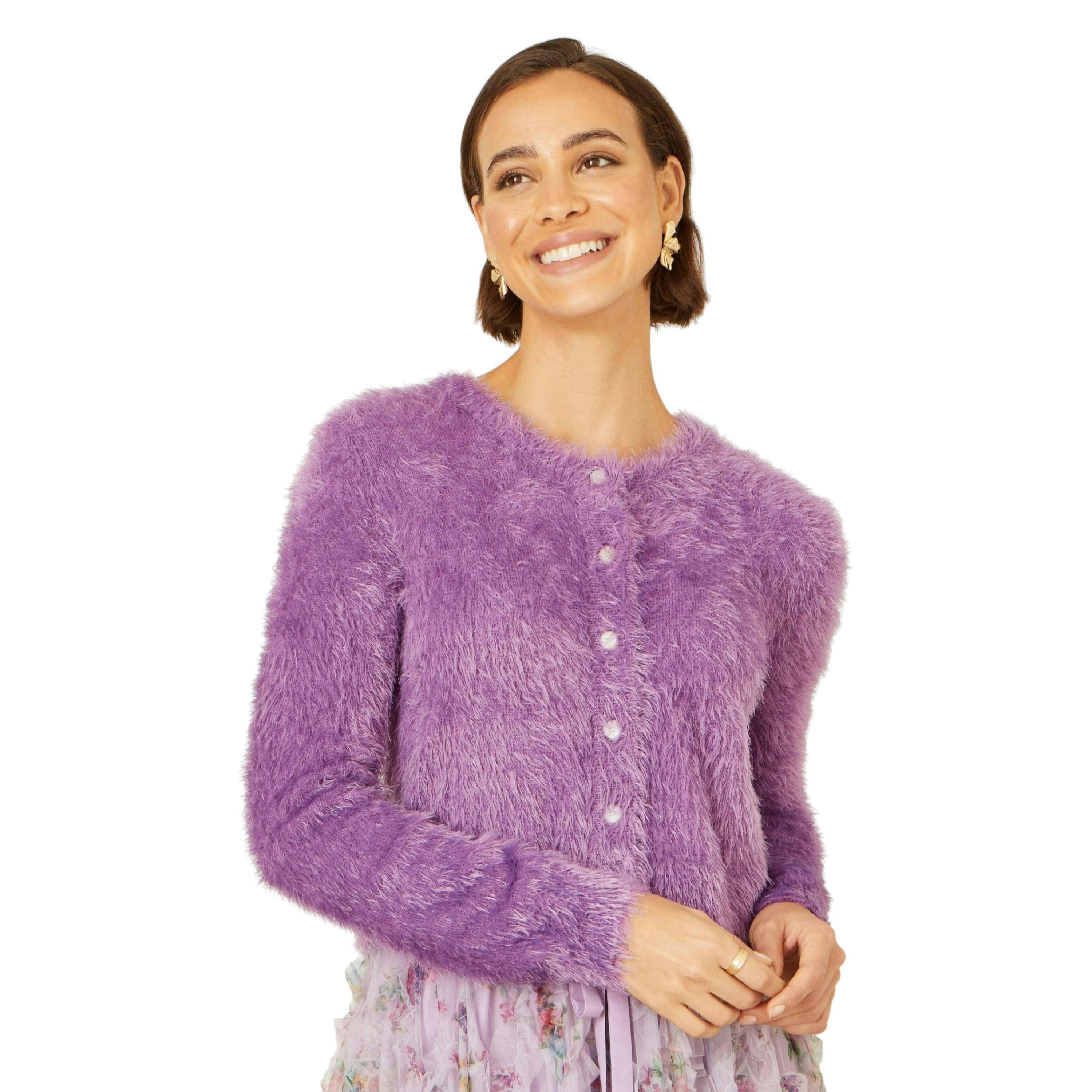 Yumi Lavender Eyelash Knit Cropped Cardigan , view 1 of 6