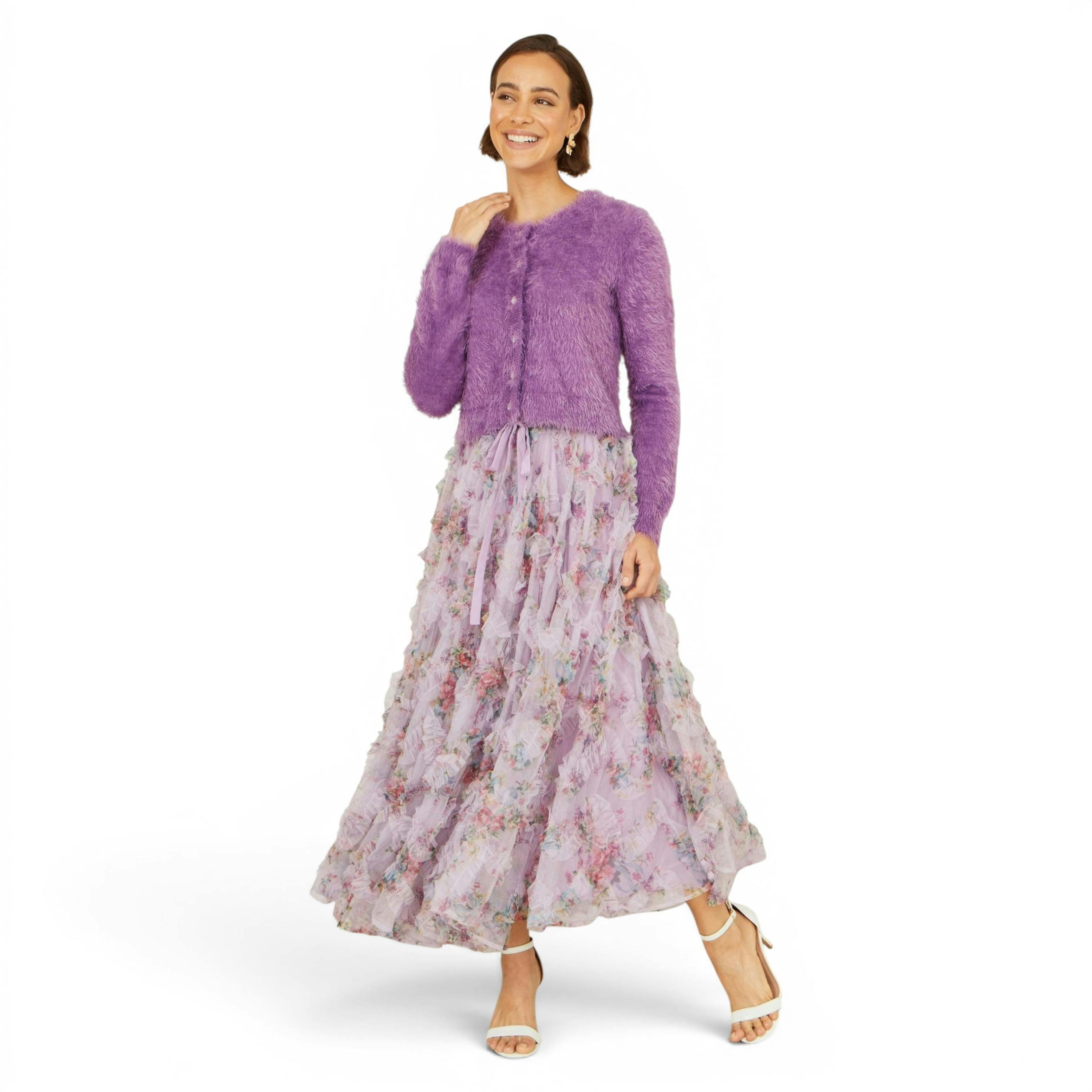 Yumi Lavender Eyelash Knit Cropped Cardigan , view 2 of 6