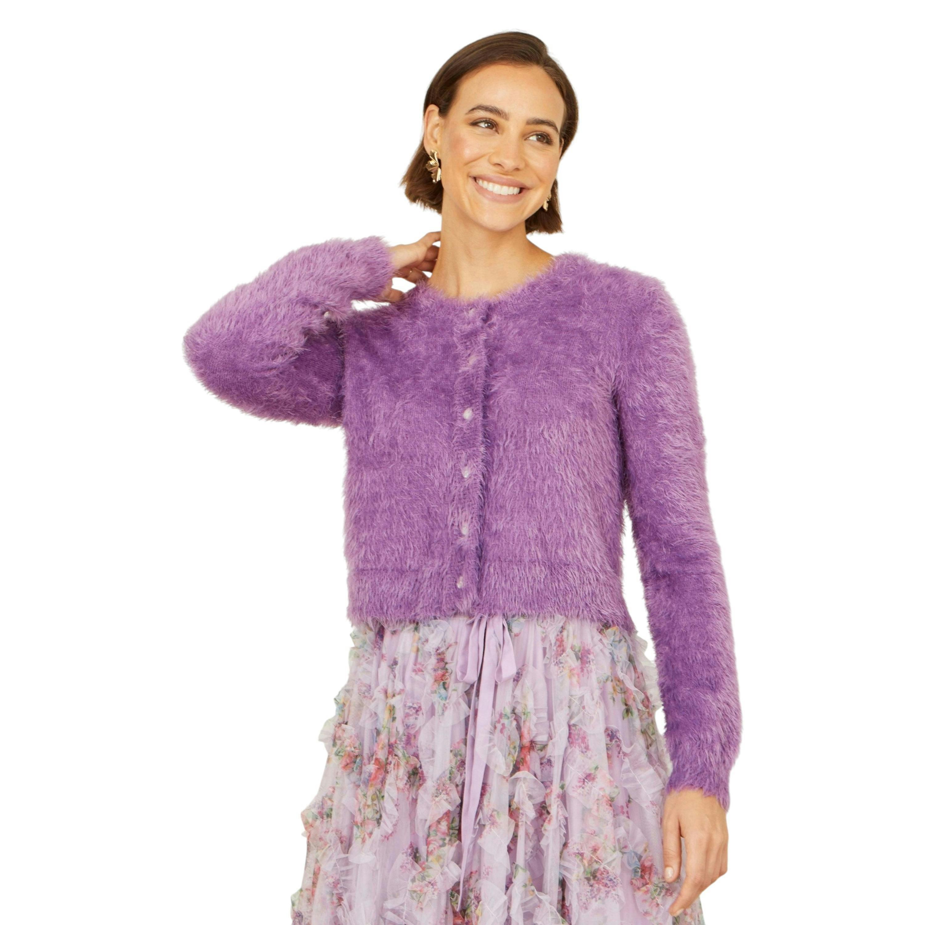 Yumi Lavender Eyelash Knit Cropped Cardigan , view 3 of 6