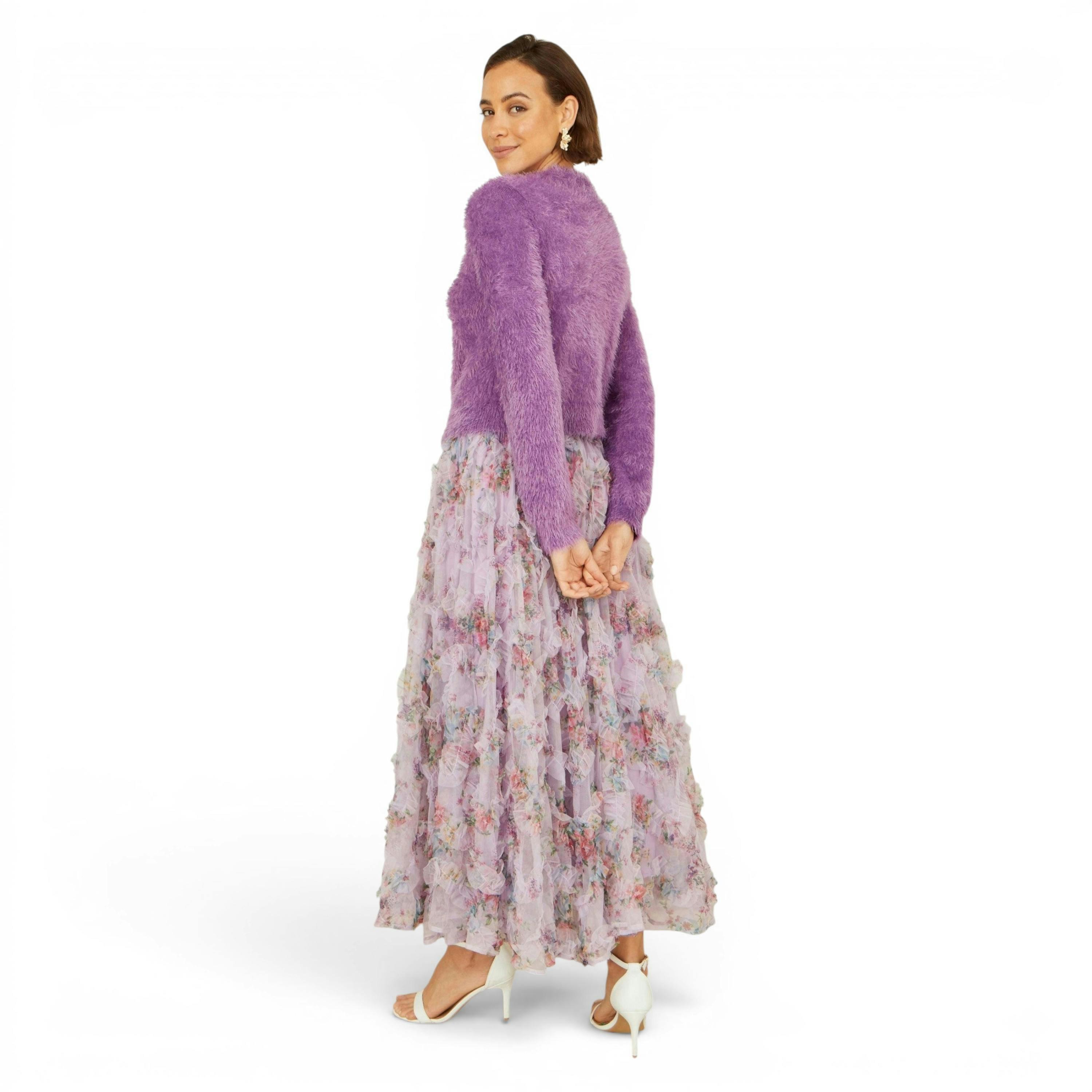 Yumi Lavender Eyelash Knit Cropped Cardigan , view 4 of 6