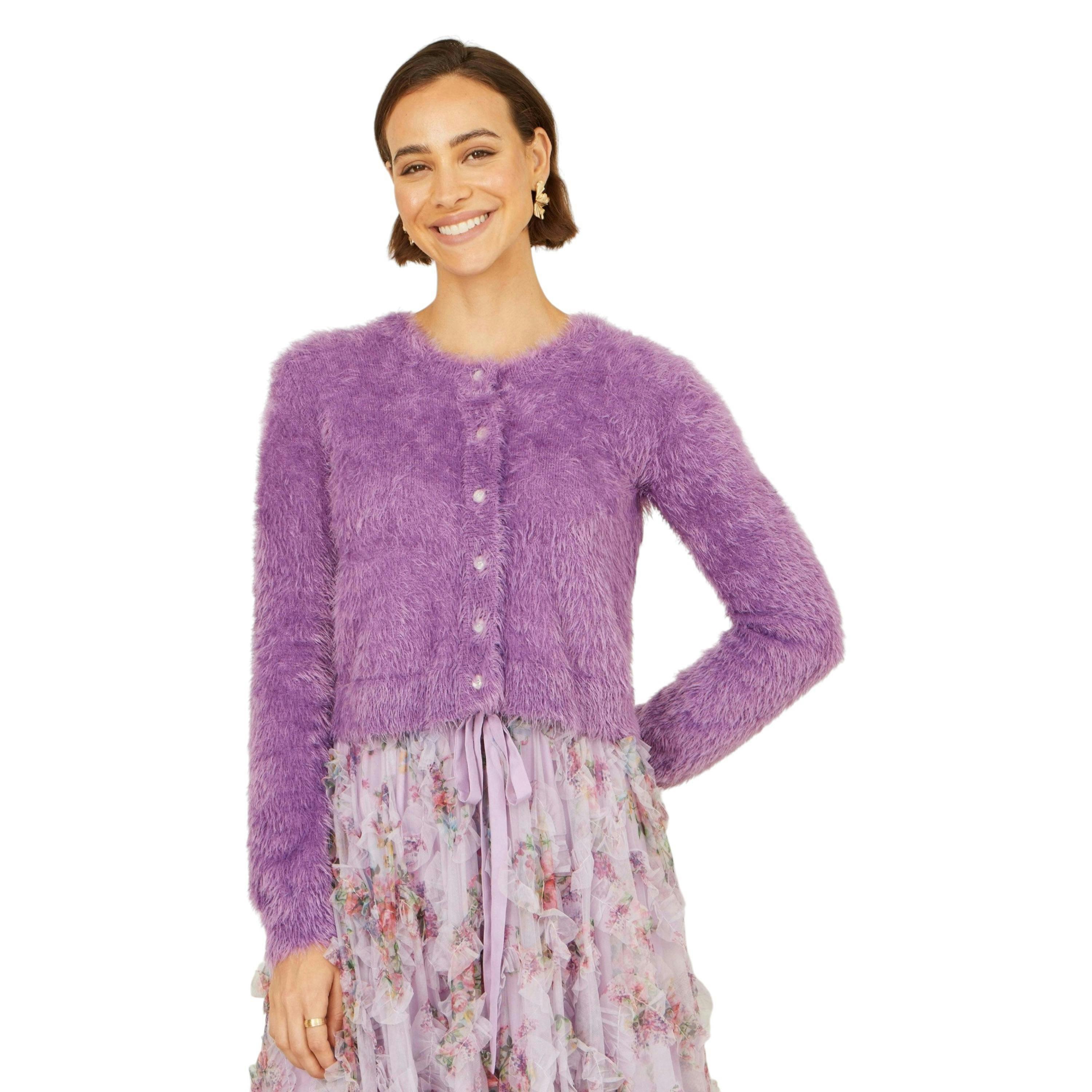 Yumi Lavender Eyelash Knit Cropped Cardigan , view 5 of 6