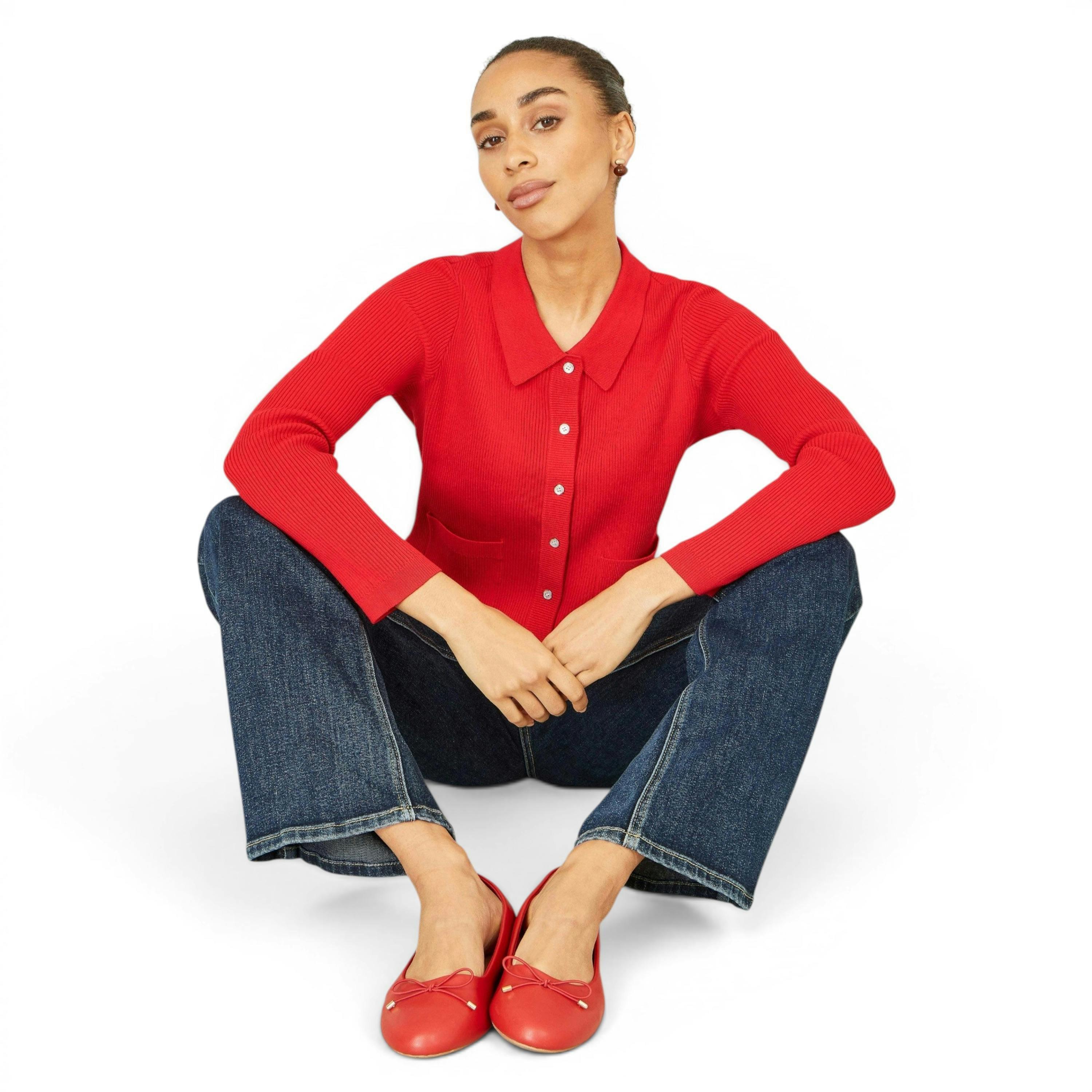Yumi Red Ribbed Collar Button Up Cardigan , view 1 of 6