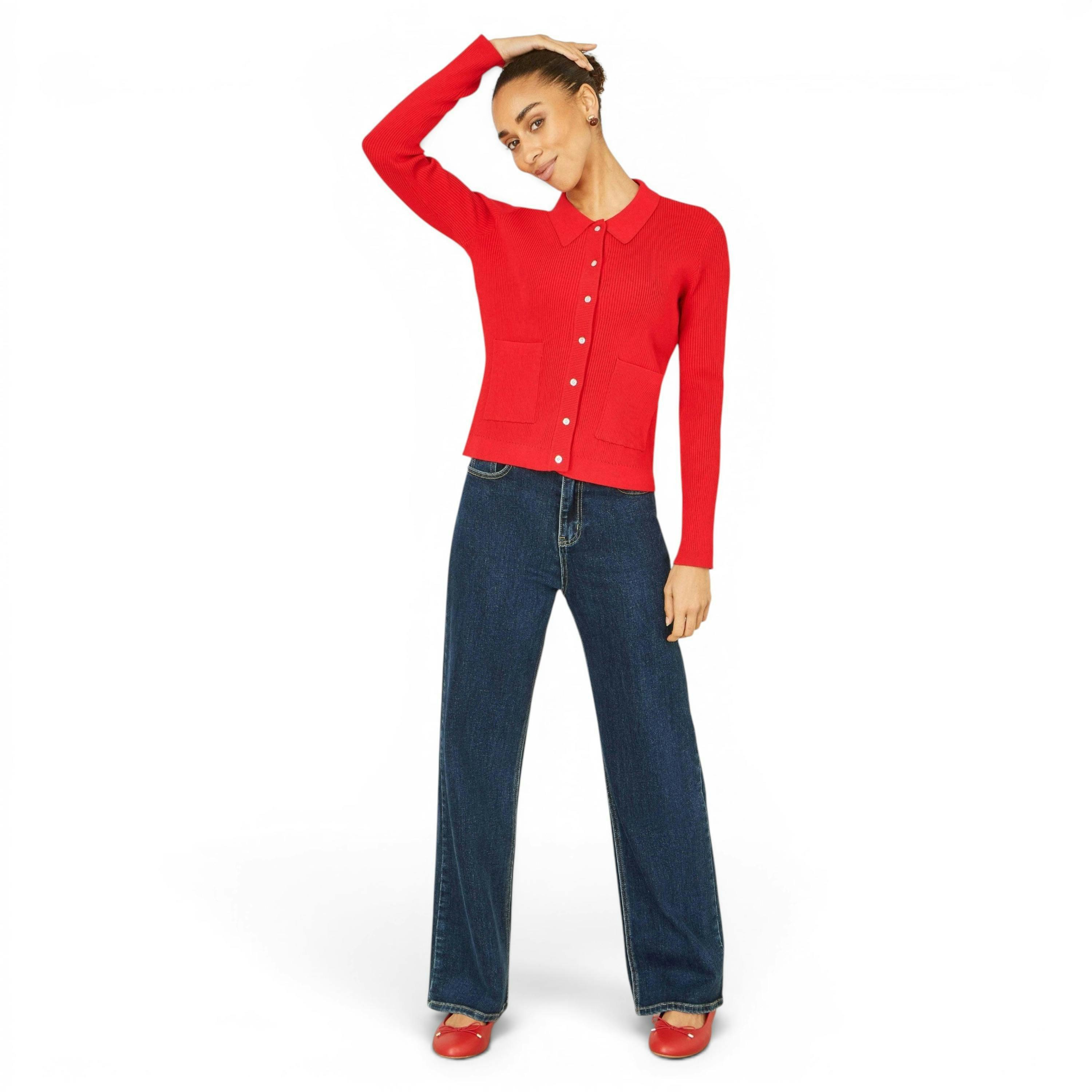 Yumi Red Ribbed Collar Button Up Cardigan , view 2 of 6