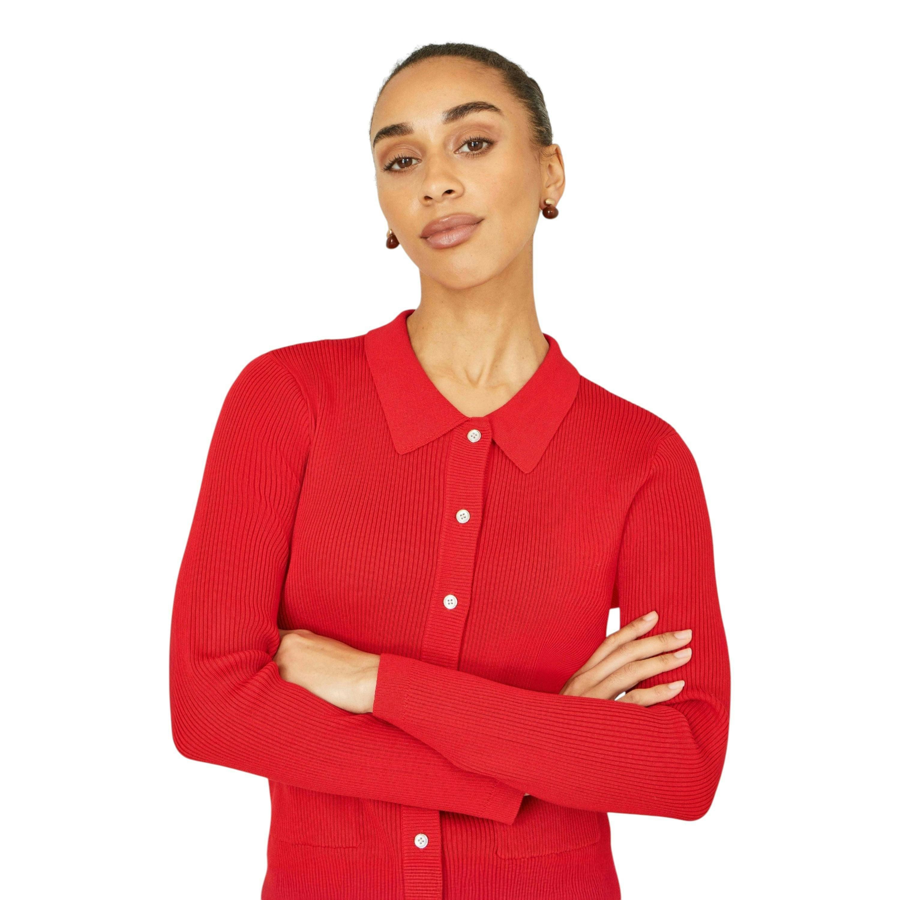 Yumi Red Ribbed Collar Button Up Cardigan , view 3 of 6