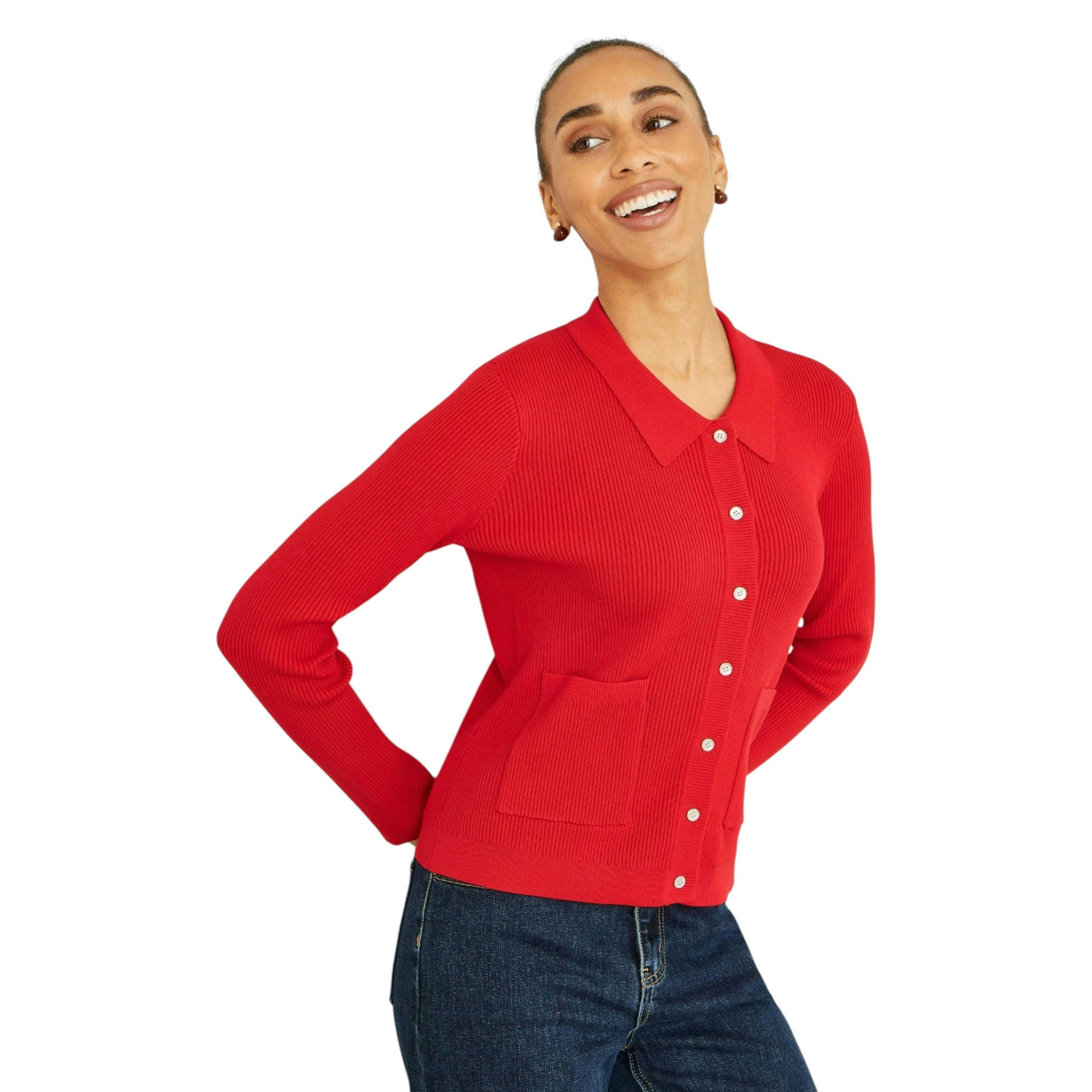 Yumi Red Ribbed Collar Button Up Cardigan , view 5 of 6
