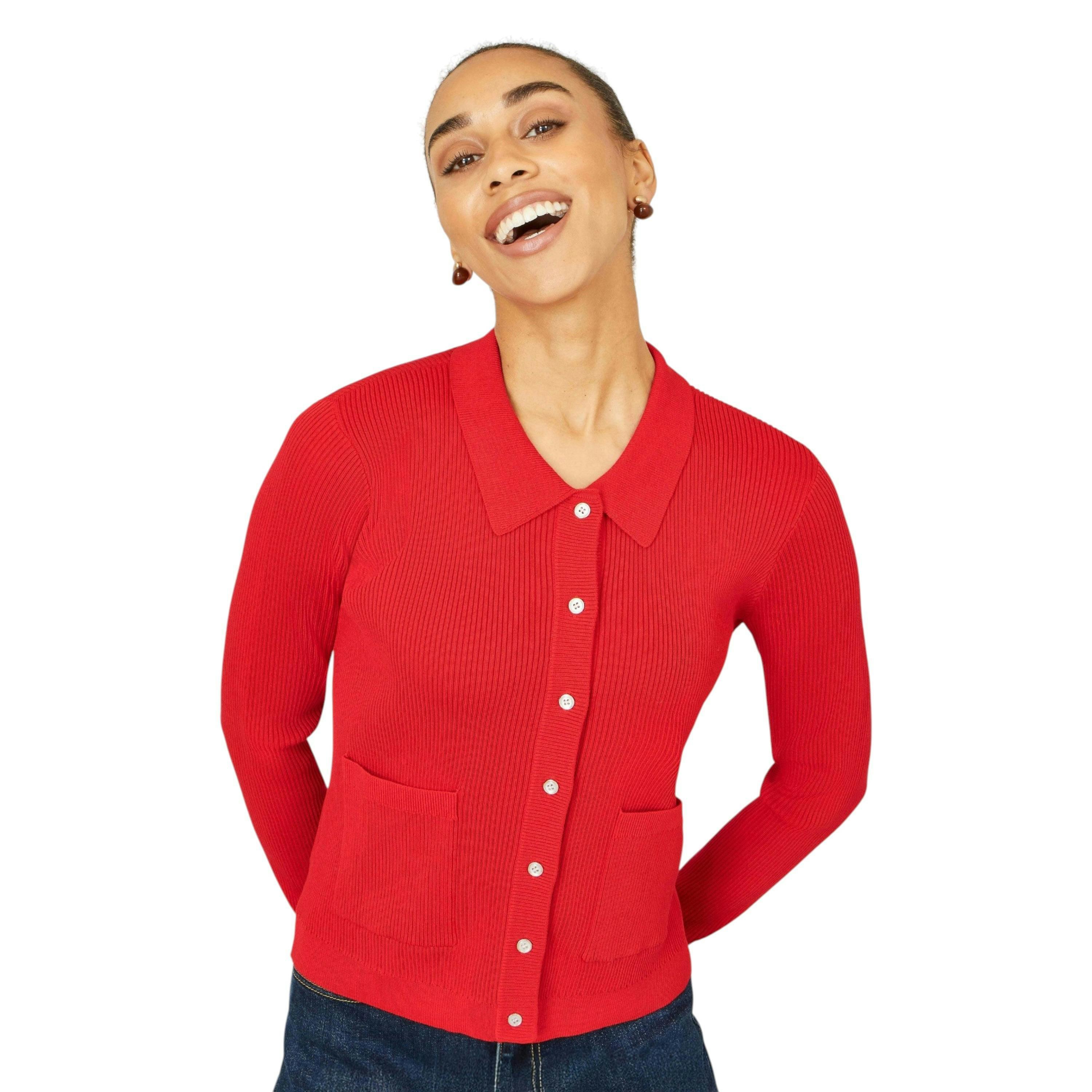 Yumi Red Ribbed Collar Button Up Cardigan , view 6 of 6