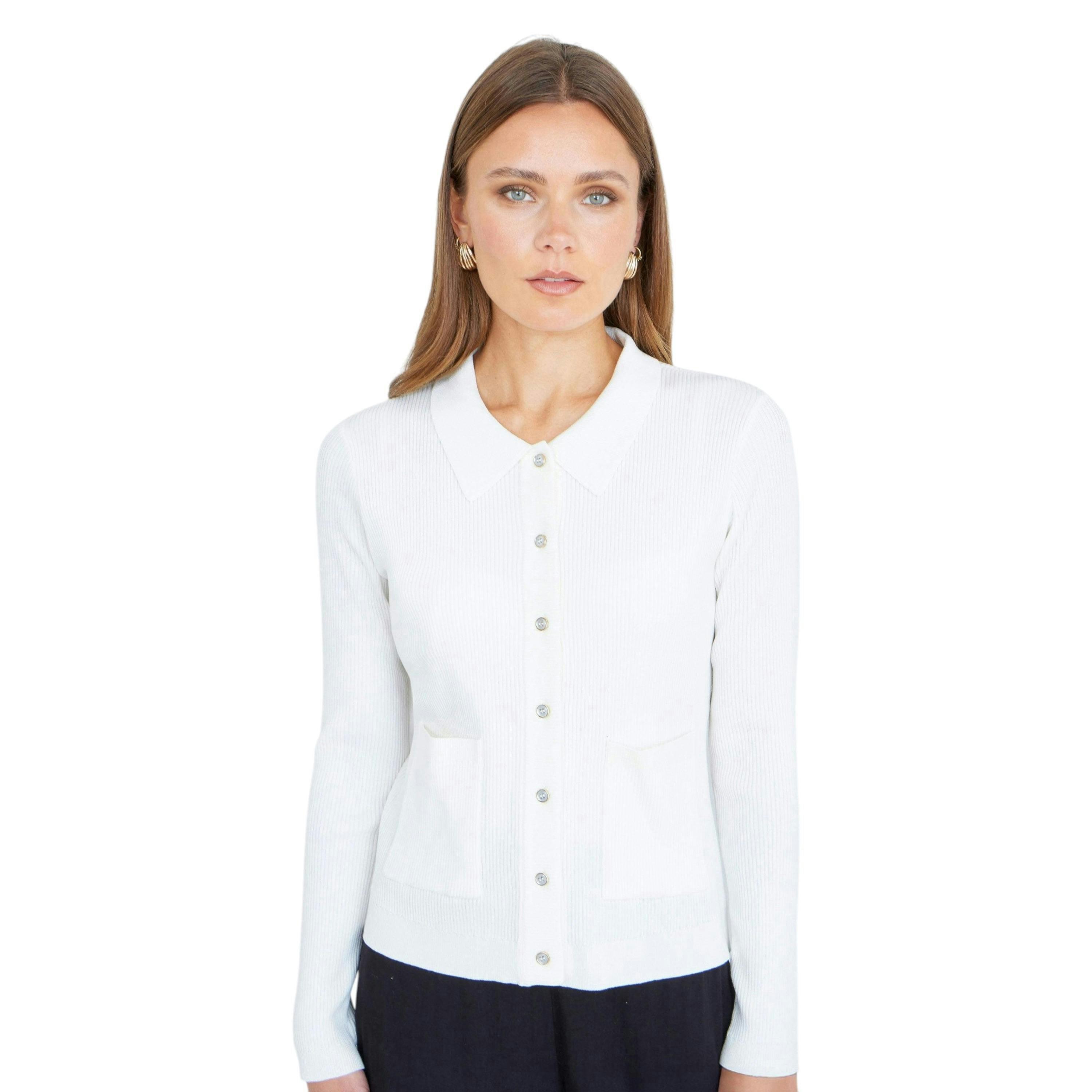 Yumi Ivory Ribbed Collar Button Up Cardigan , view 1 of 6