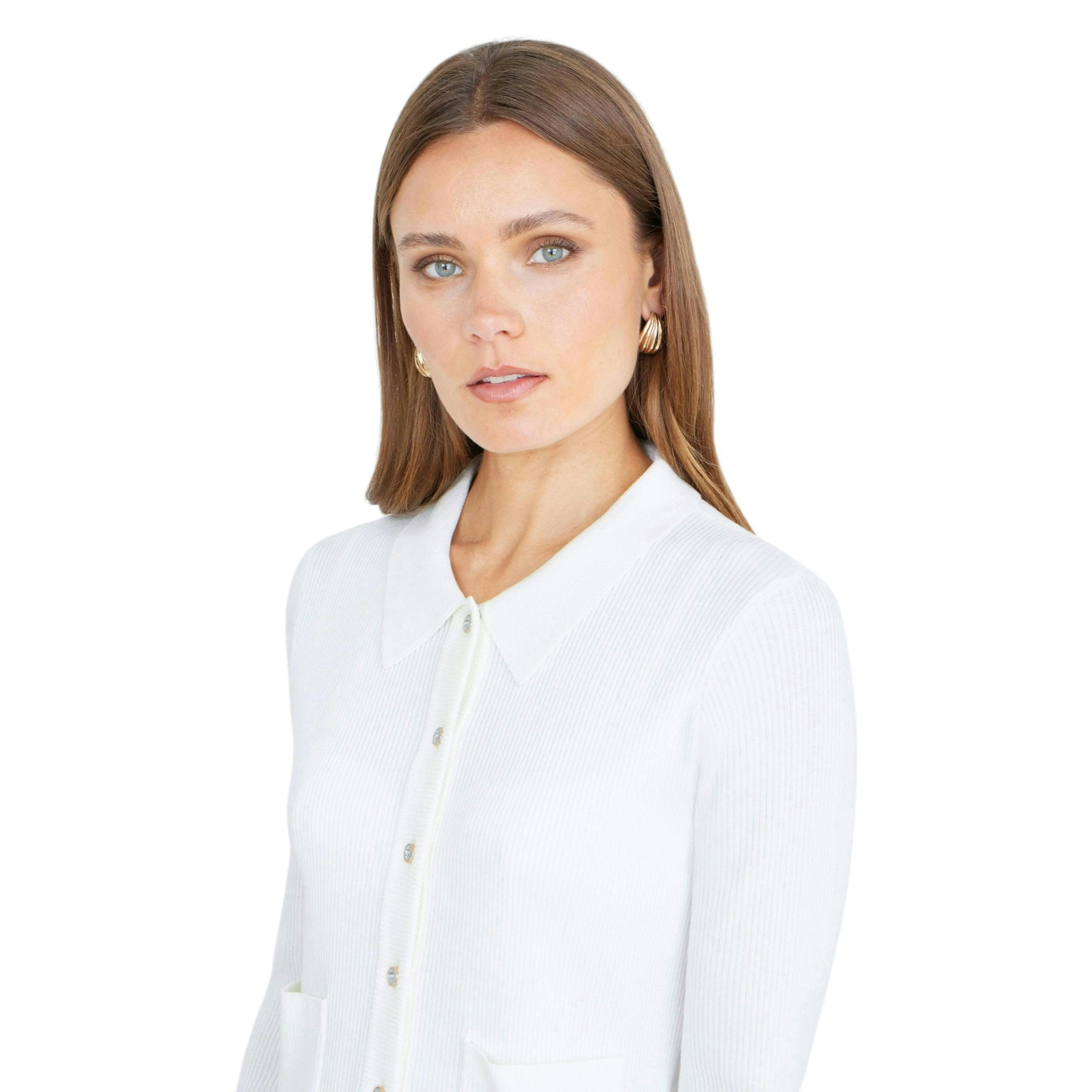 Yumi Ivory Ribbed Collar Button Up Cardigan , view 3 of 6