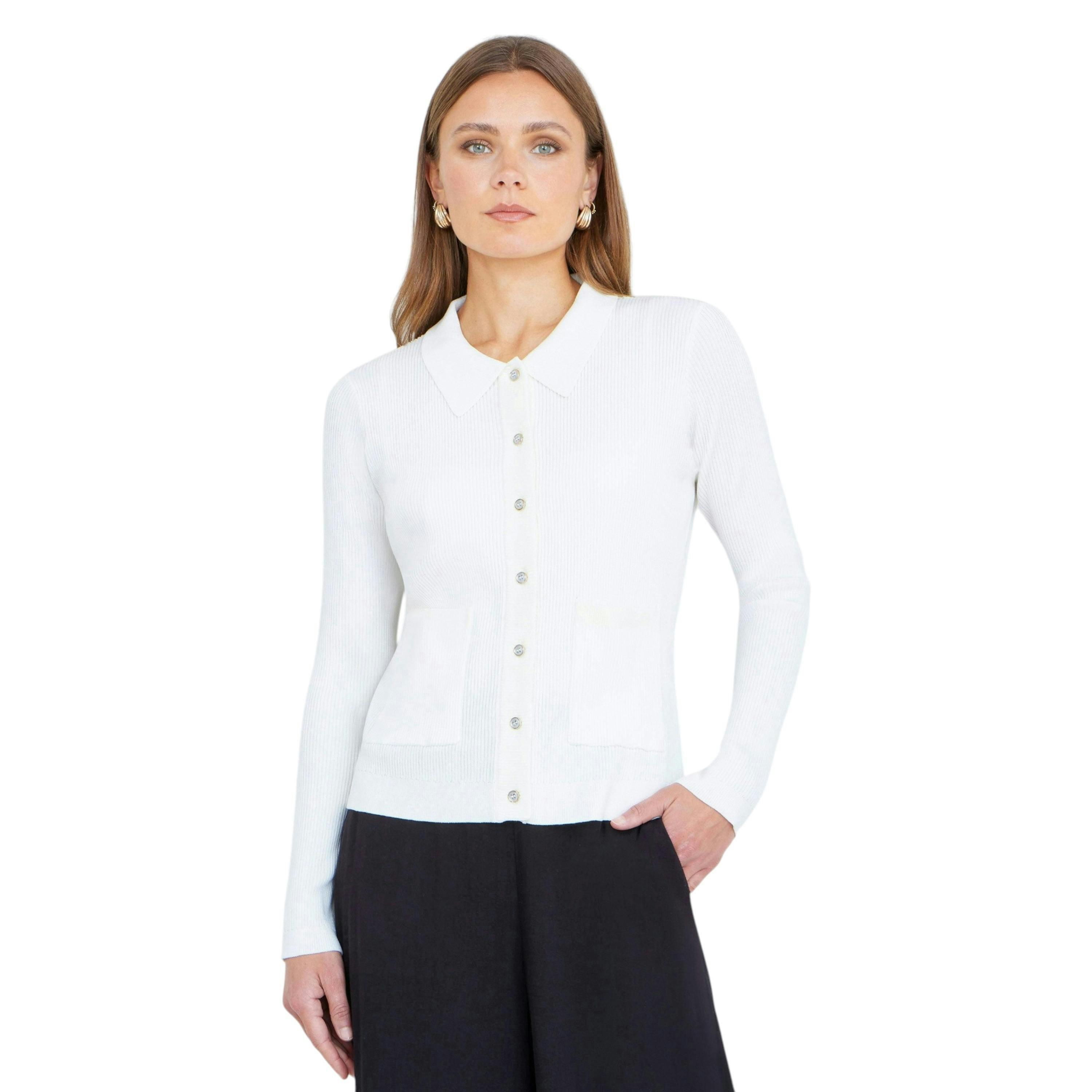 Yumi Ivory Ribbed Collar Button Up Cardigan , view 5 of 6