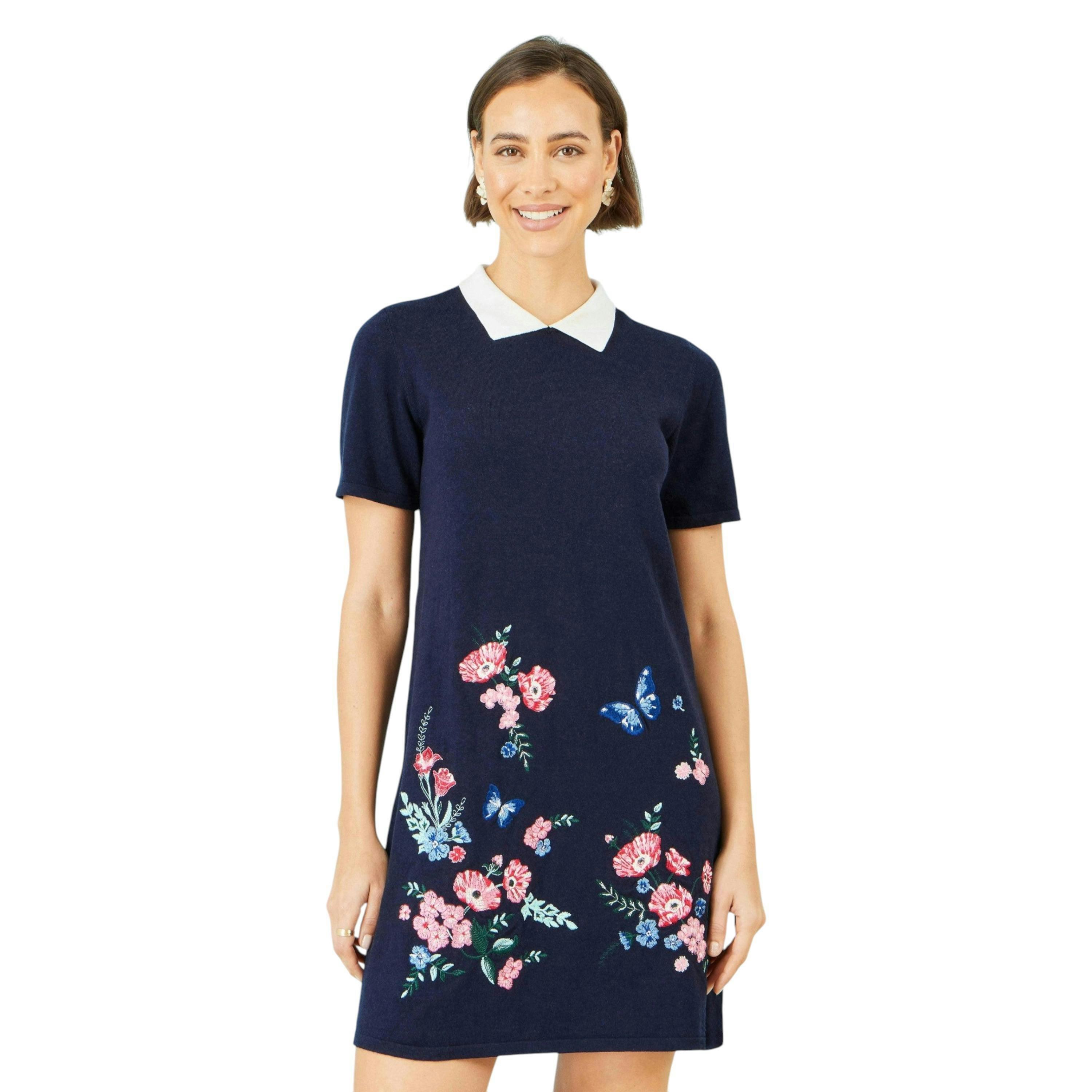 Yumi Navy Embroidered Knitted Floral Tunic , view 1 of 6