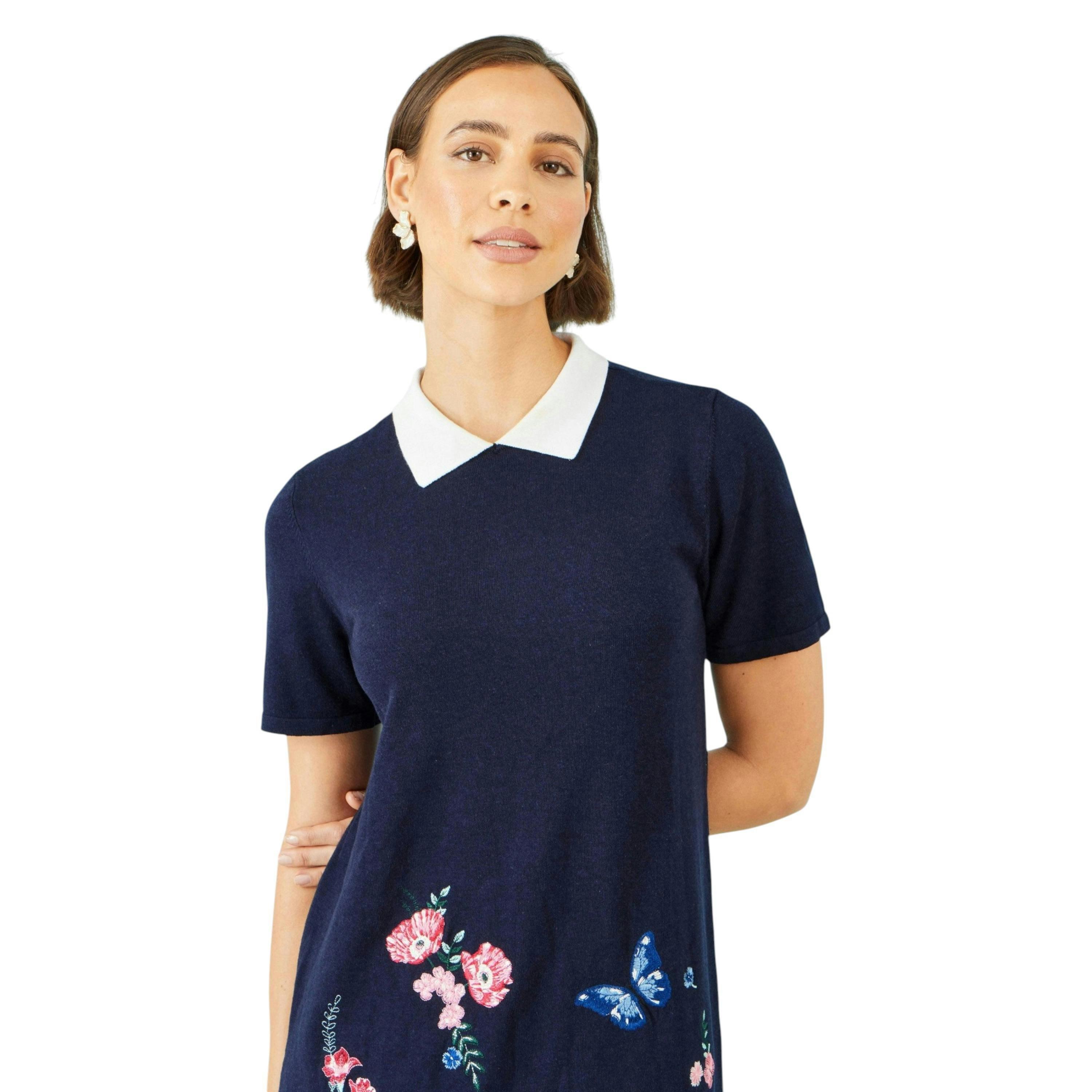 Yumi Navy Embroidered Knitted Floral Tunic , view 2 of 6