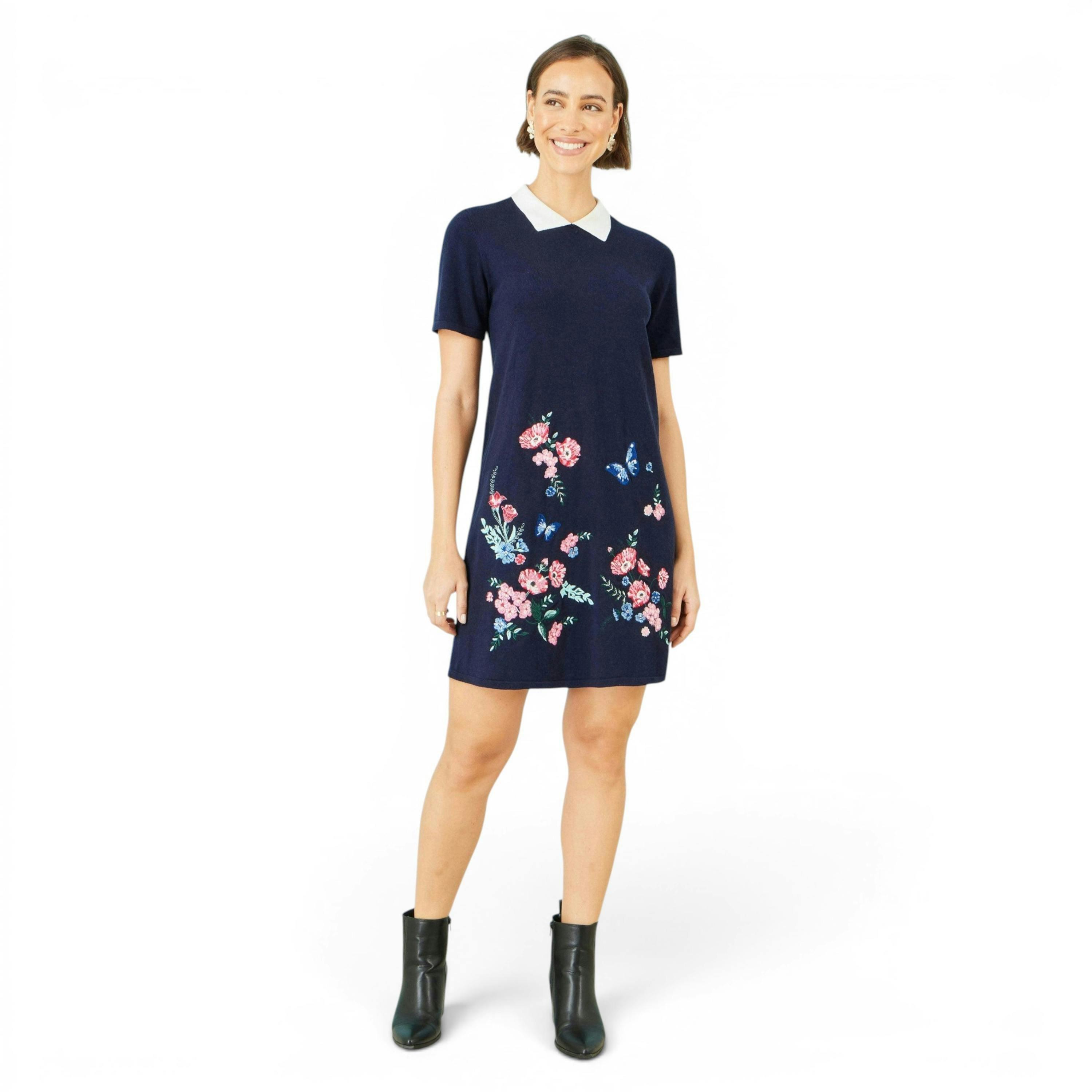 Yumi Navy Embroidered Knitted Floral Tunic , view 3 of 6