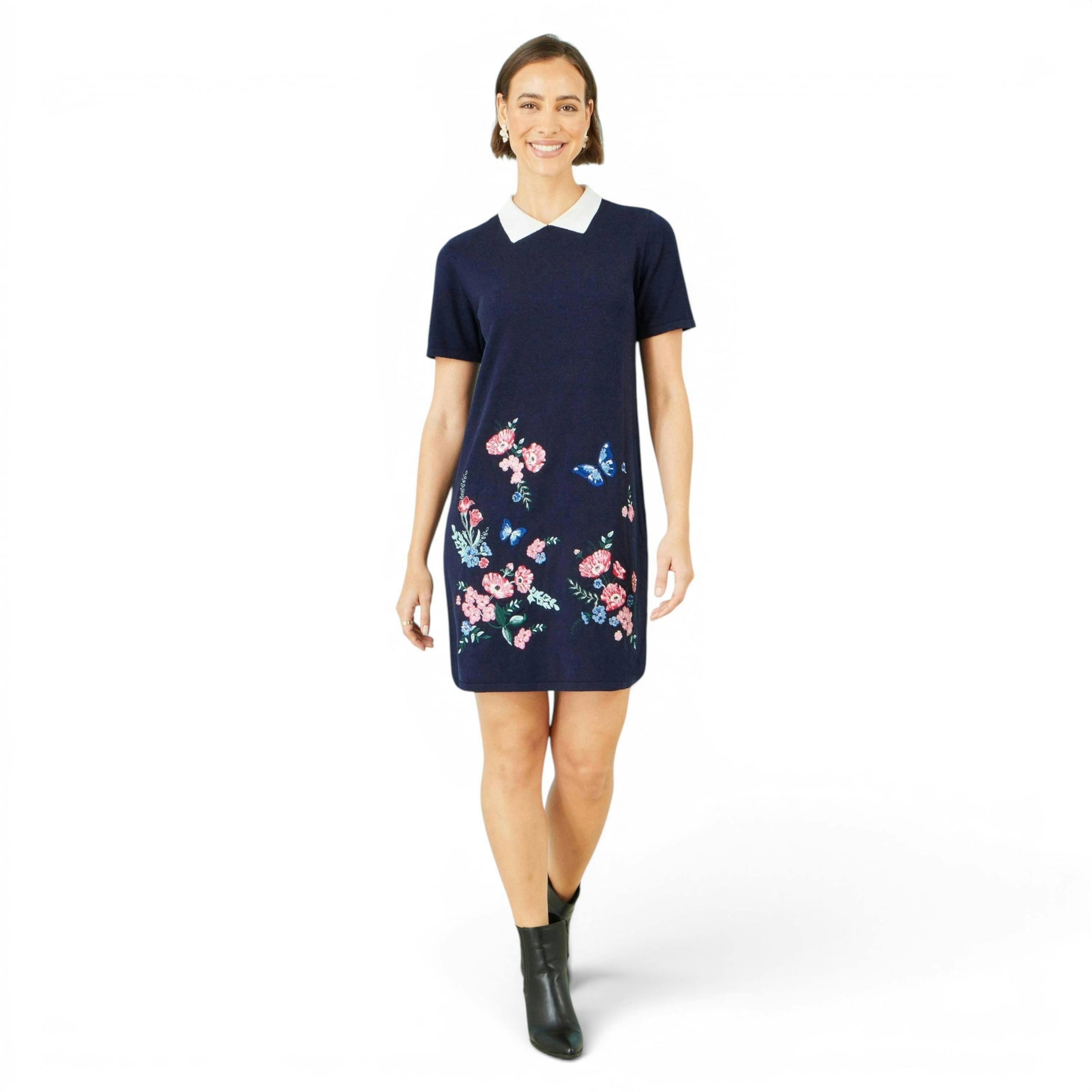 Yumi Navy Embroidered Knitted Floral Tunic , view 6 of 6