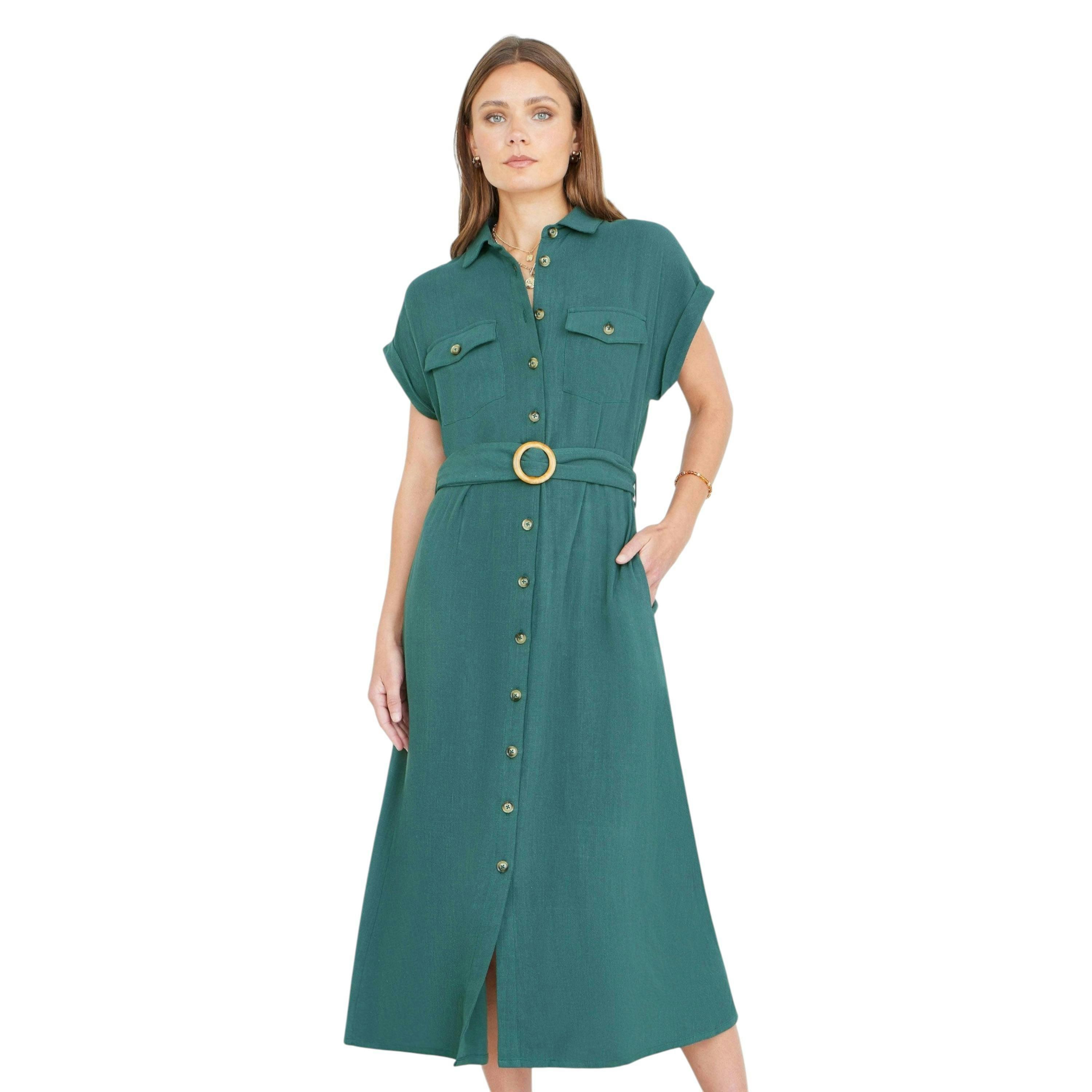Yumi Green Viscose Linen Look Midi Shirt Dress With Wooden Belt , view 1 of 6