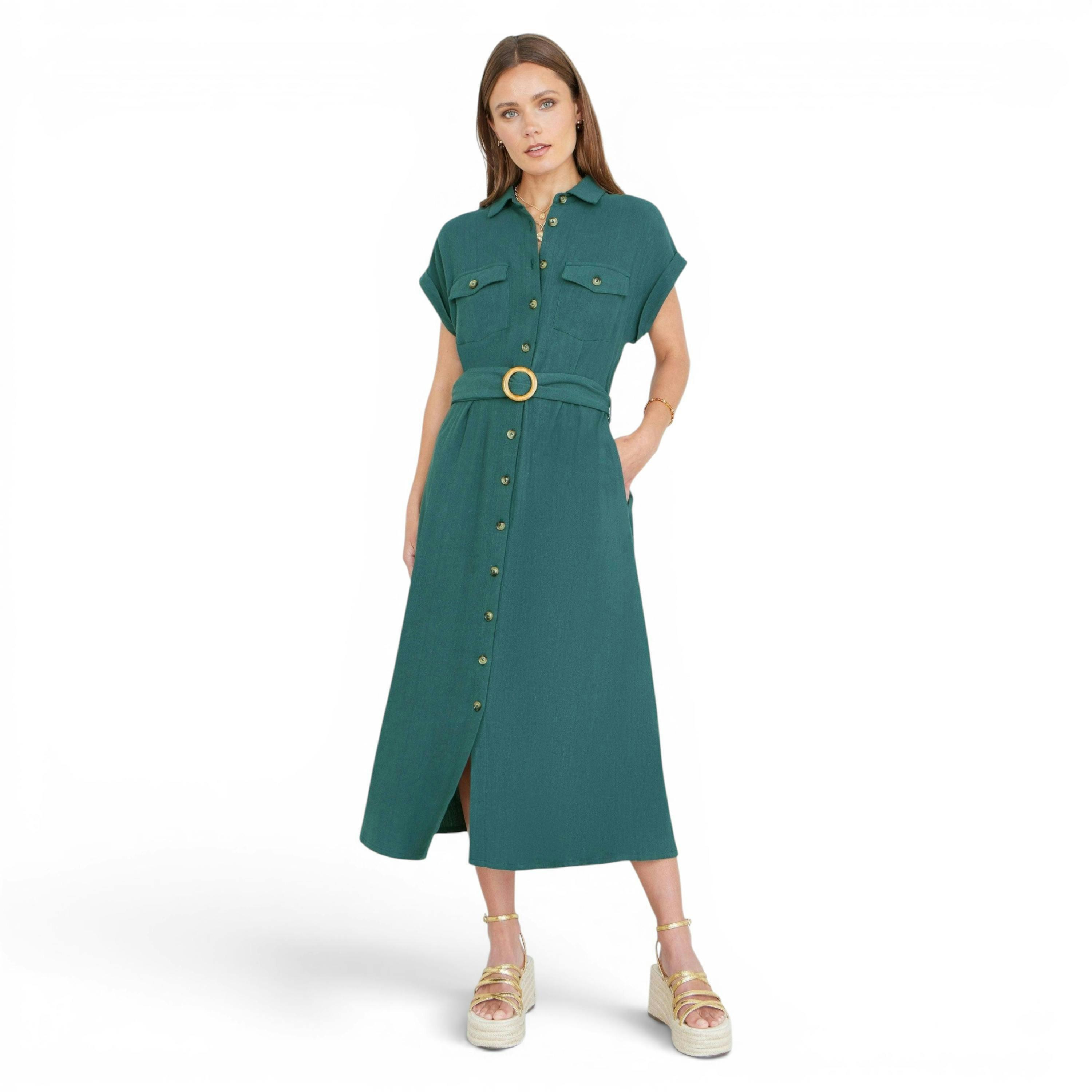 Yumi Green Viscose Linen Look Midi Shirt Dress With Wooden Belt , view 3 of 6