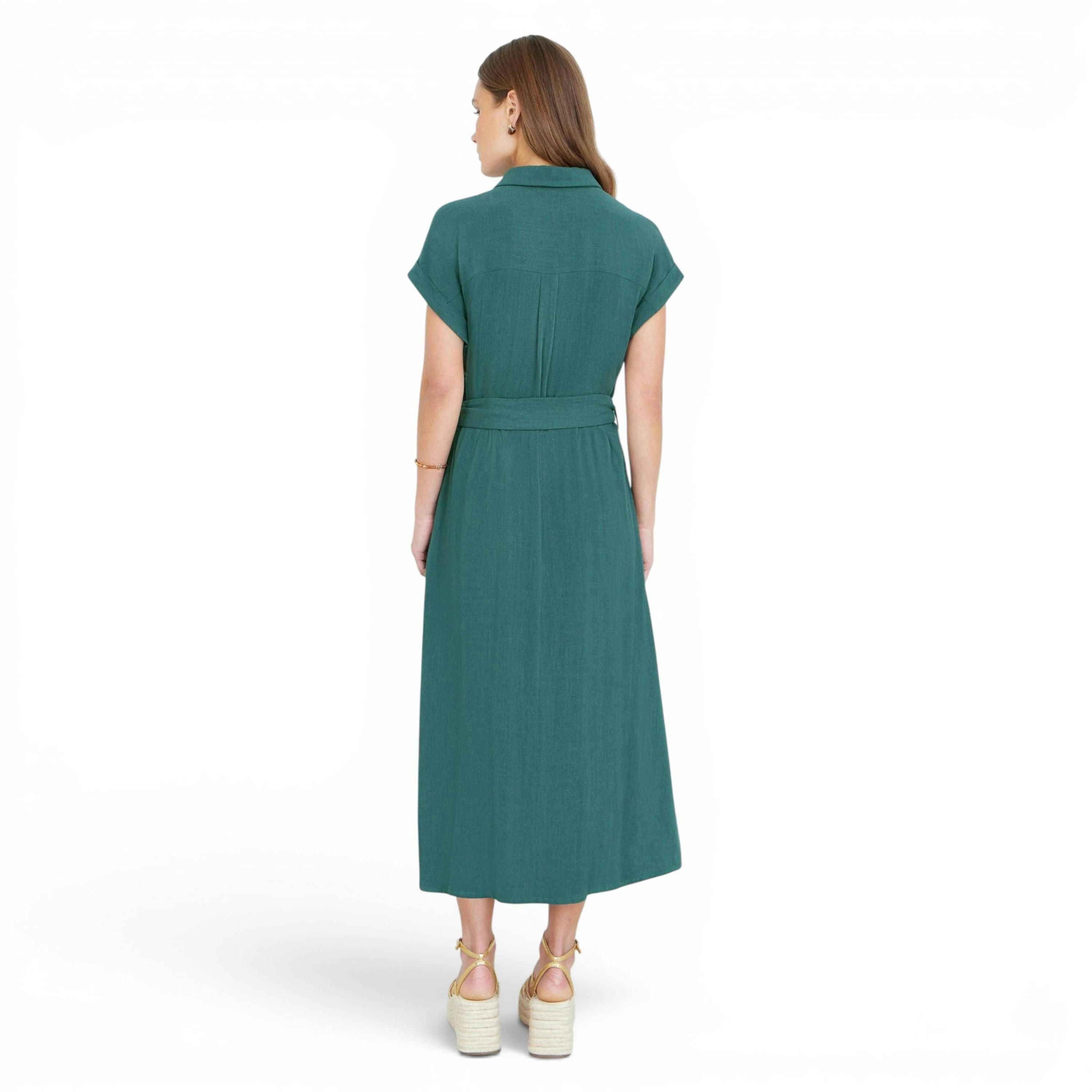 Yumi Green Viscose Linen Look Midi Shirt Dress With Wooden Belt , view 4 of 6