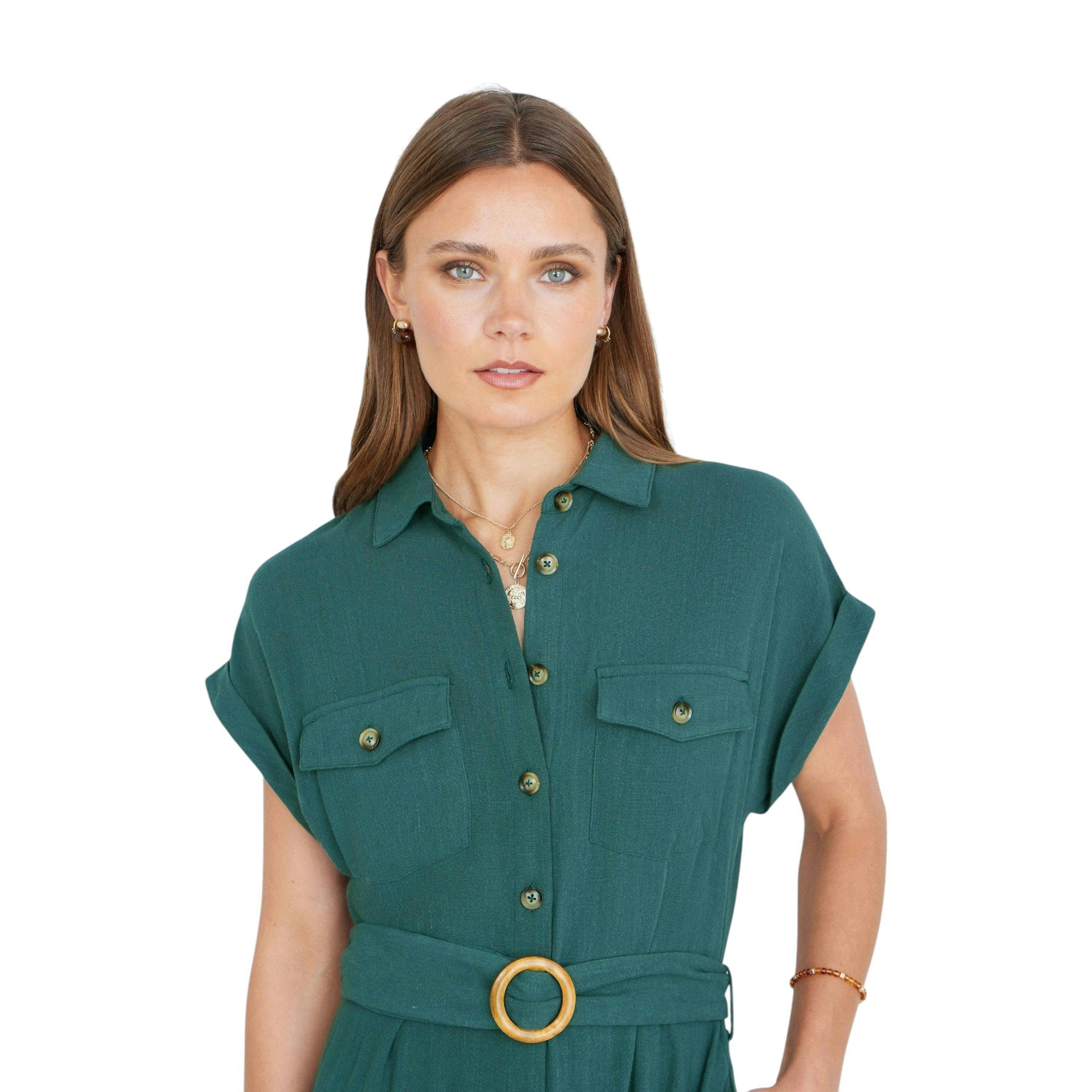 Yumi Green Viscose Linen Look Midi Shirt Dress With Wooden Belt , view 5 of 6