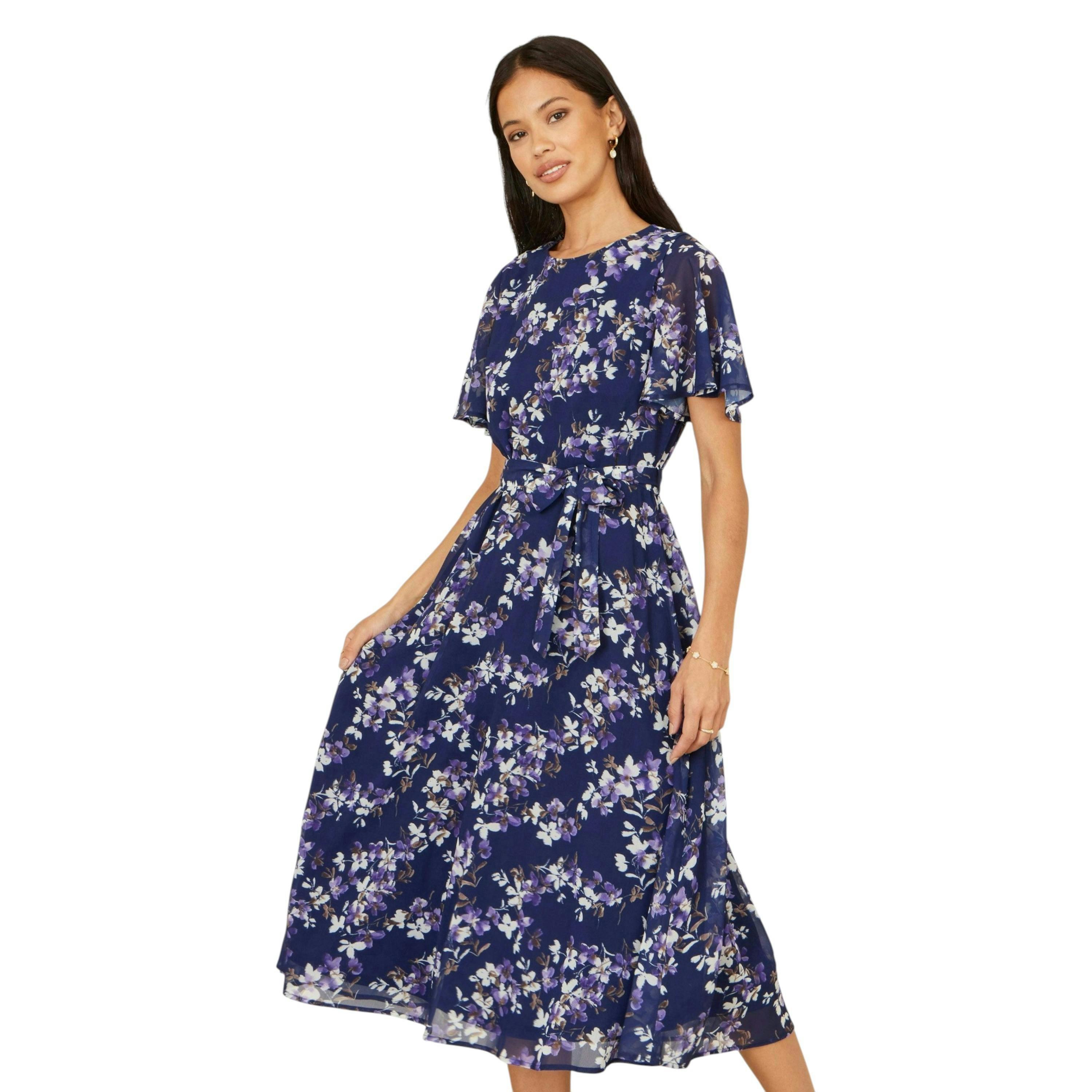Yumi Navy Blossom Print Midi Skater Dress With Angel Sleeves , view 1 of 6