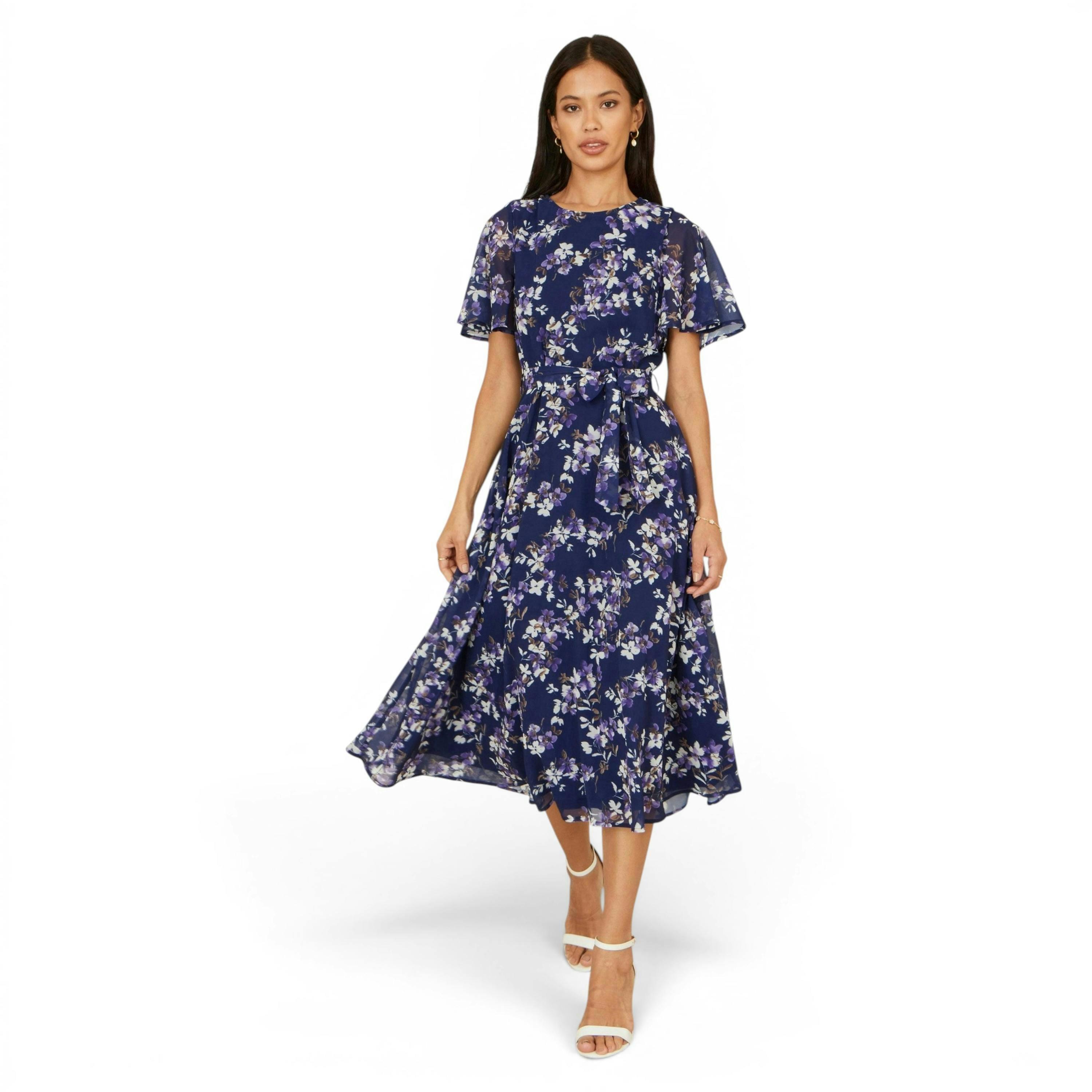 Yumi Navy Blossom Print Midi Skater Dress With Angel Sleeves , view 3 of 6