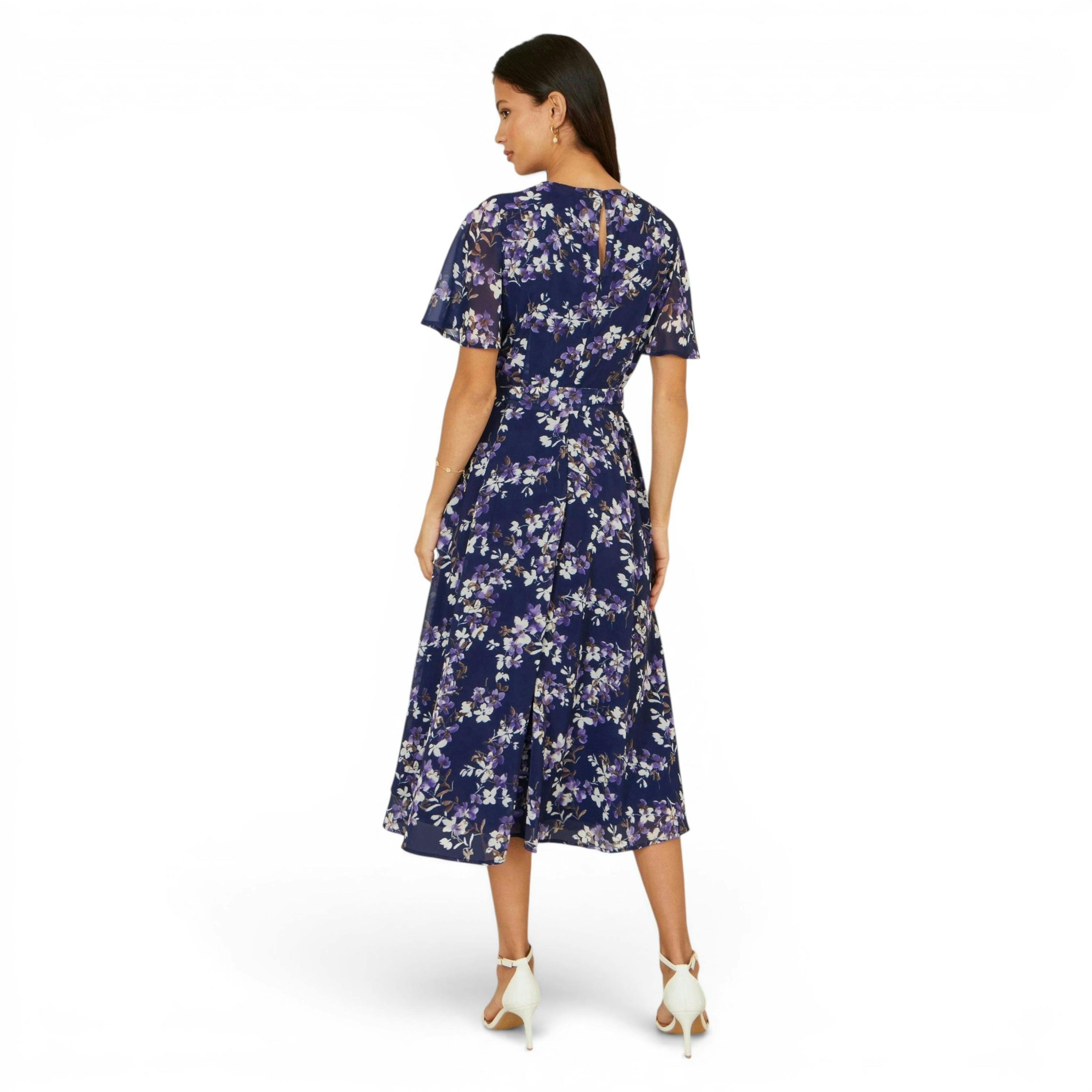 Yumi Navy Blossom Print Midi Skater Dress With Angel Sleeves , view 4 of 6