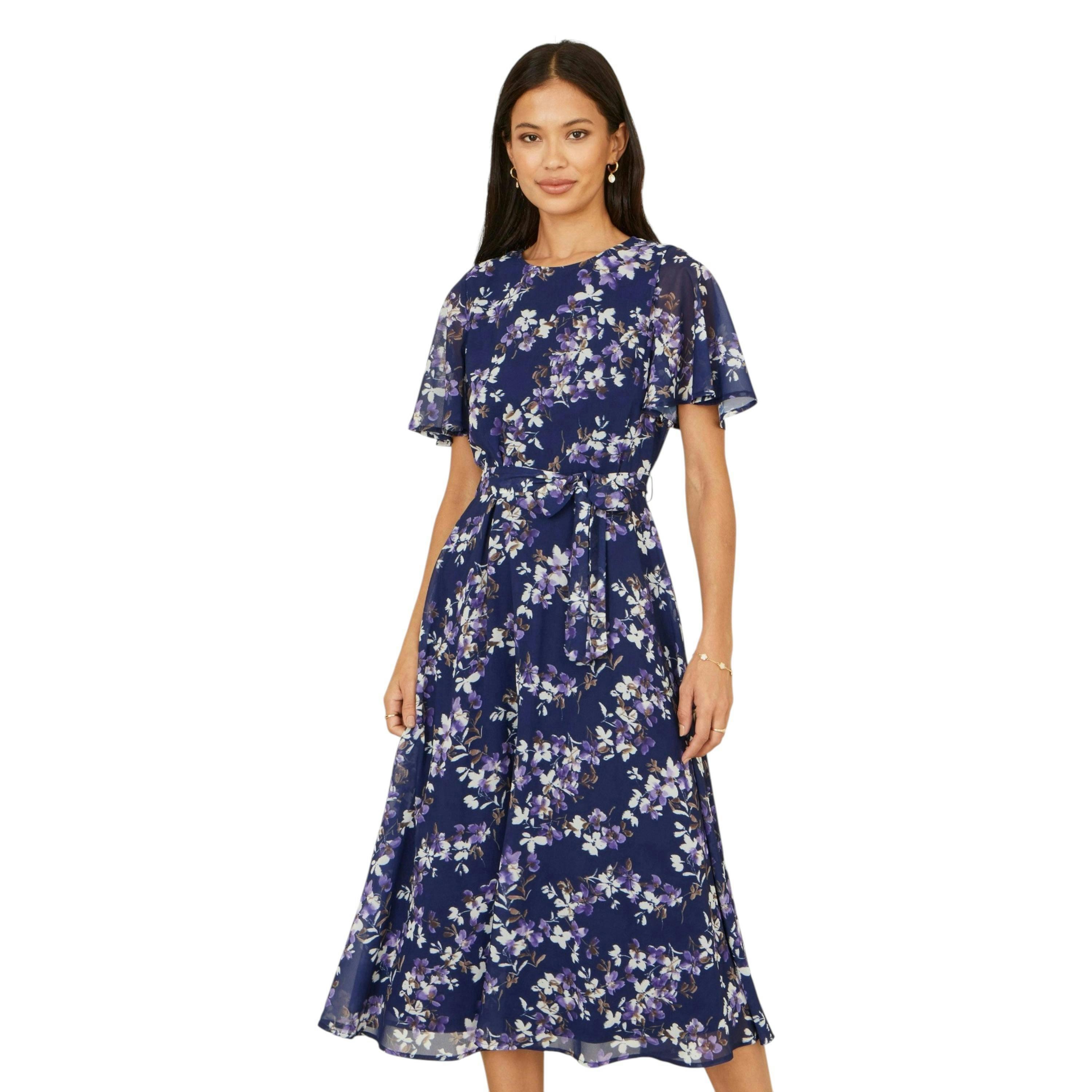 Yumi Navy Blossom Print Midi Skater Dress With Angel Sleeves , view 5 of 6