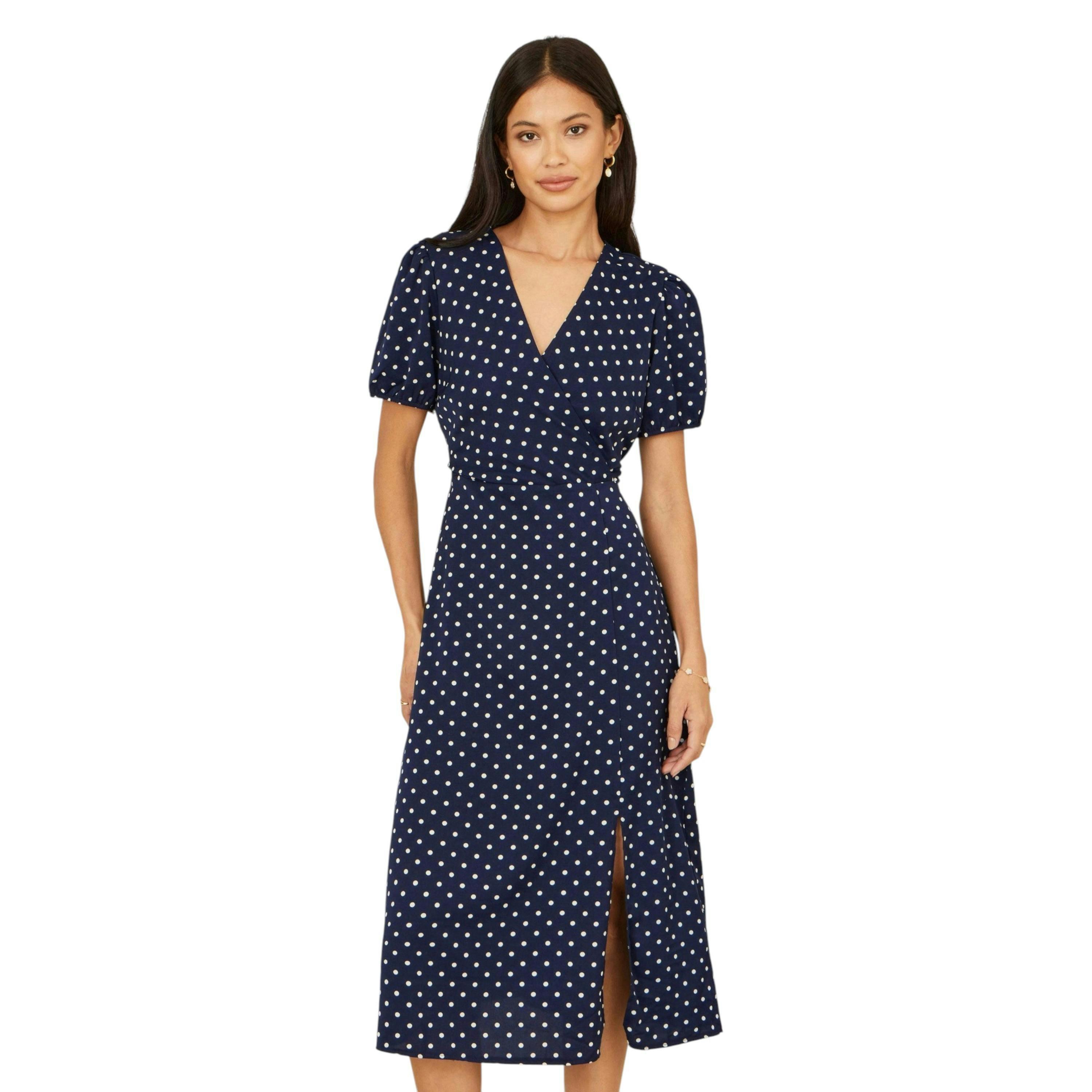 Yumi Navy Spot Wrap Midi Tea Dress , view 1 of 6