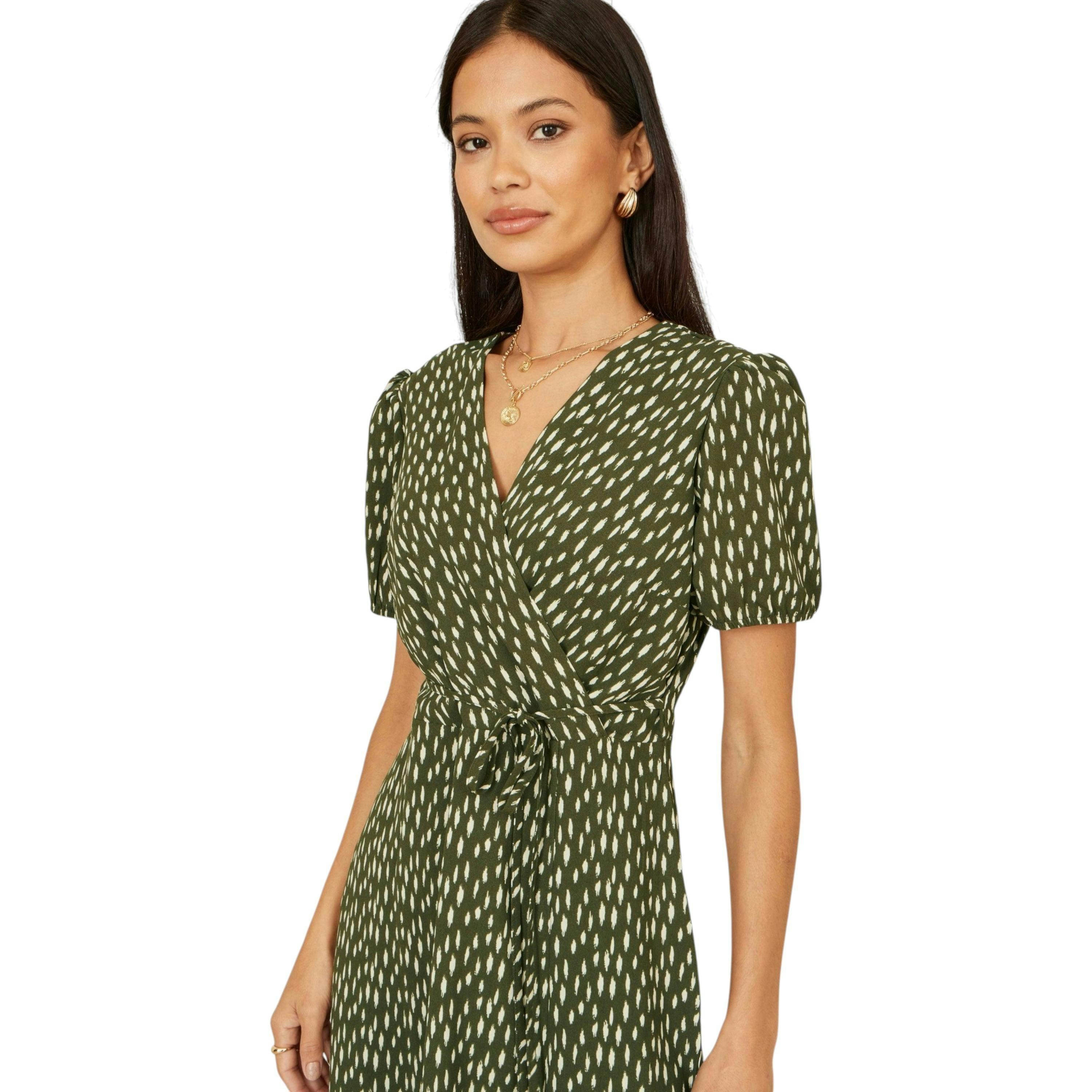 Yumi Green Spot Wrap Midi Tea Dress , view 2 of 6