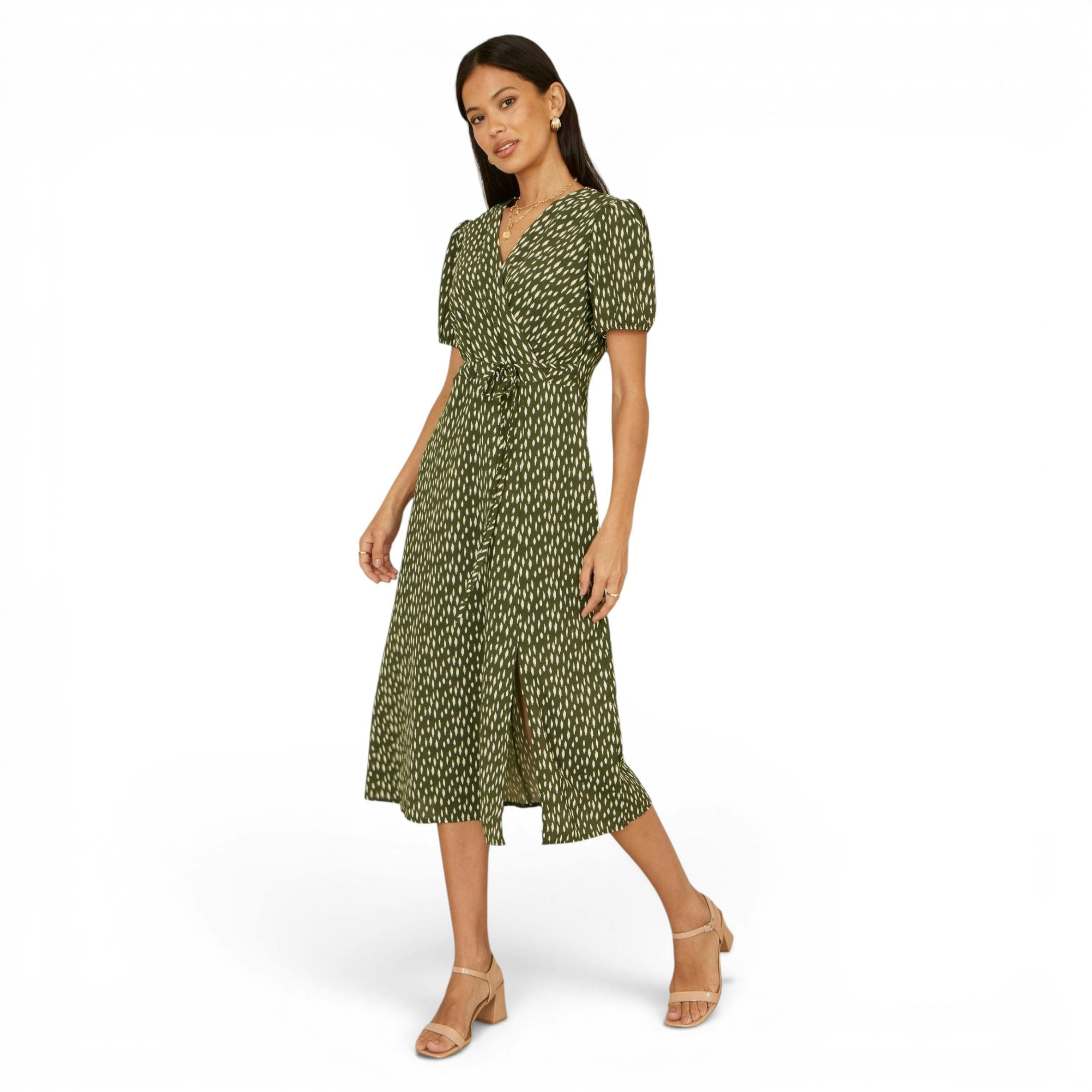 Yumi Green Spot Wrap Midi Tea Dress , view 3 of 6