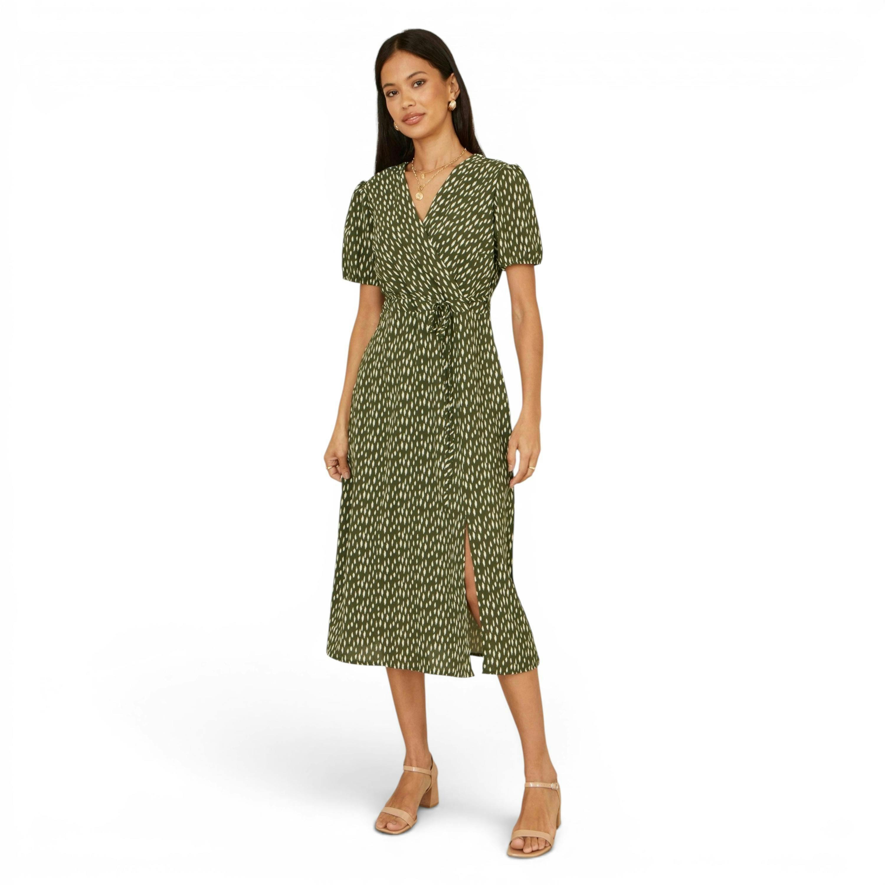Yumi Green Spot Wrap Midi Tea Dress , view 5 of 6