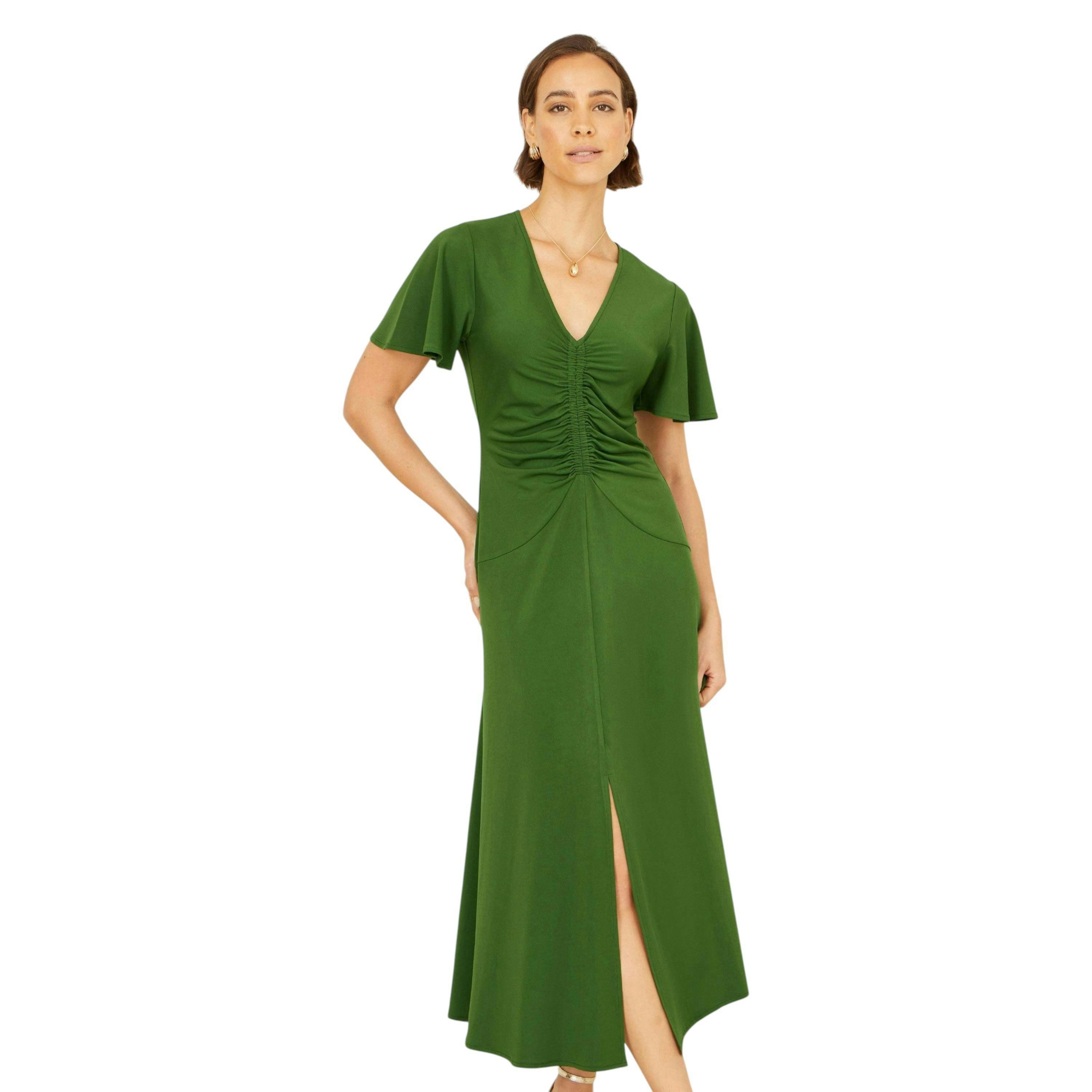 Yumi Green Ruched Front Stretch Midi Dress , view 1 of 6