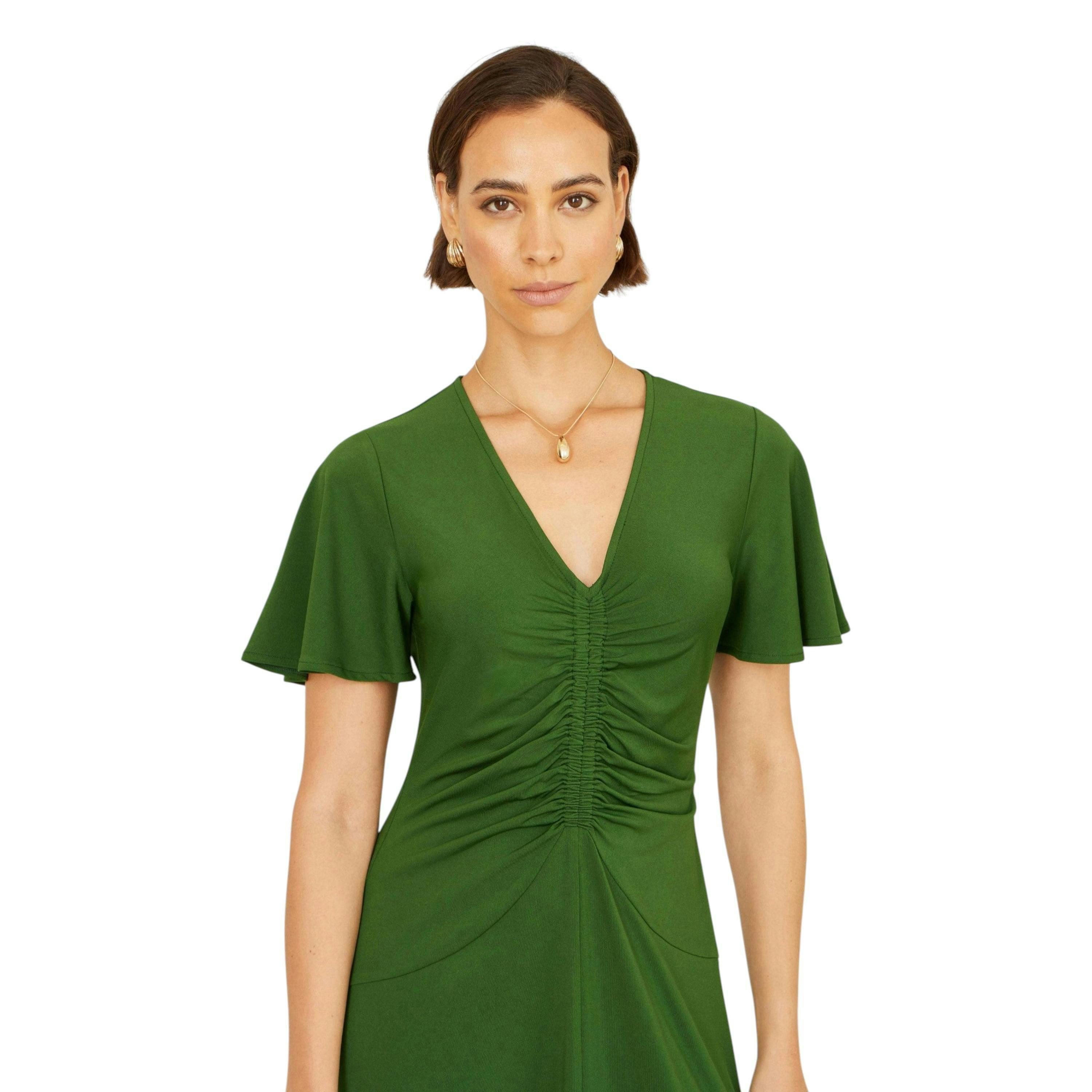 Yumi Green Ruched Front Stretch Midi Dress , view 2 of 6