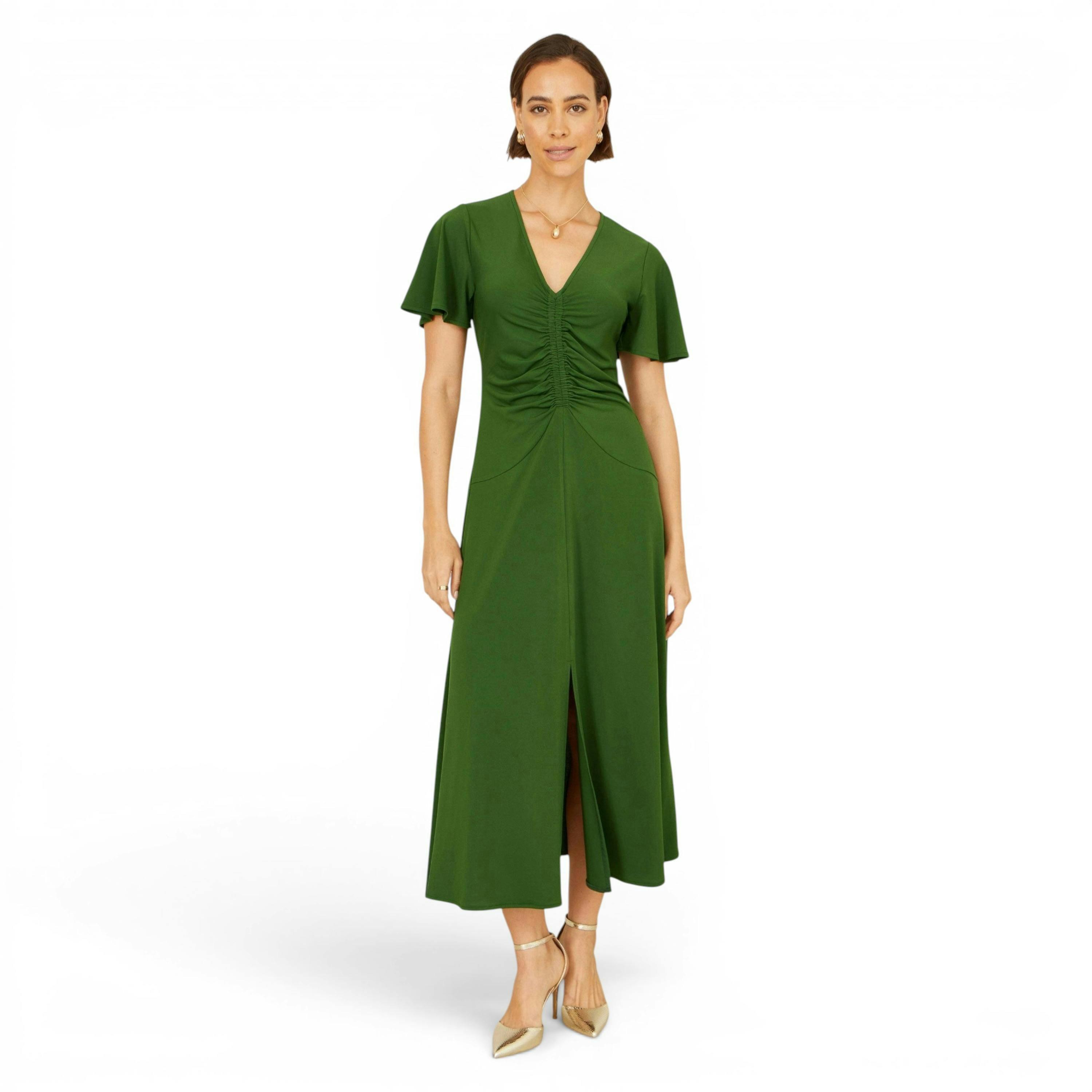 Yumi Green Ruched Front Stretch Midi Dress , view 3 of 6