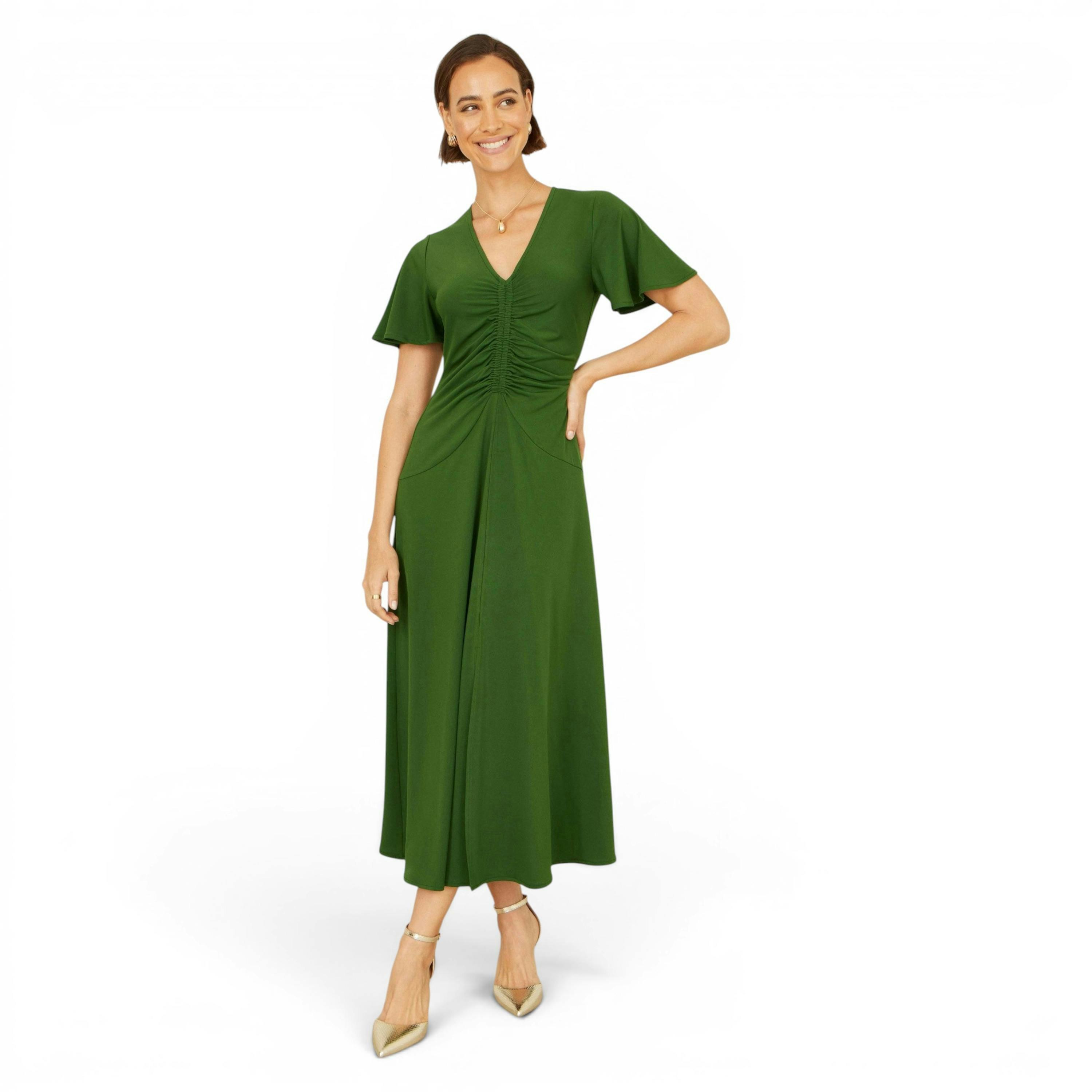 Yumi Green Ruched Front Stretch Midi Dress , view 5 of 6