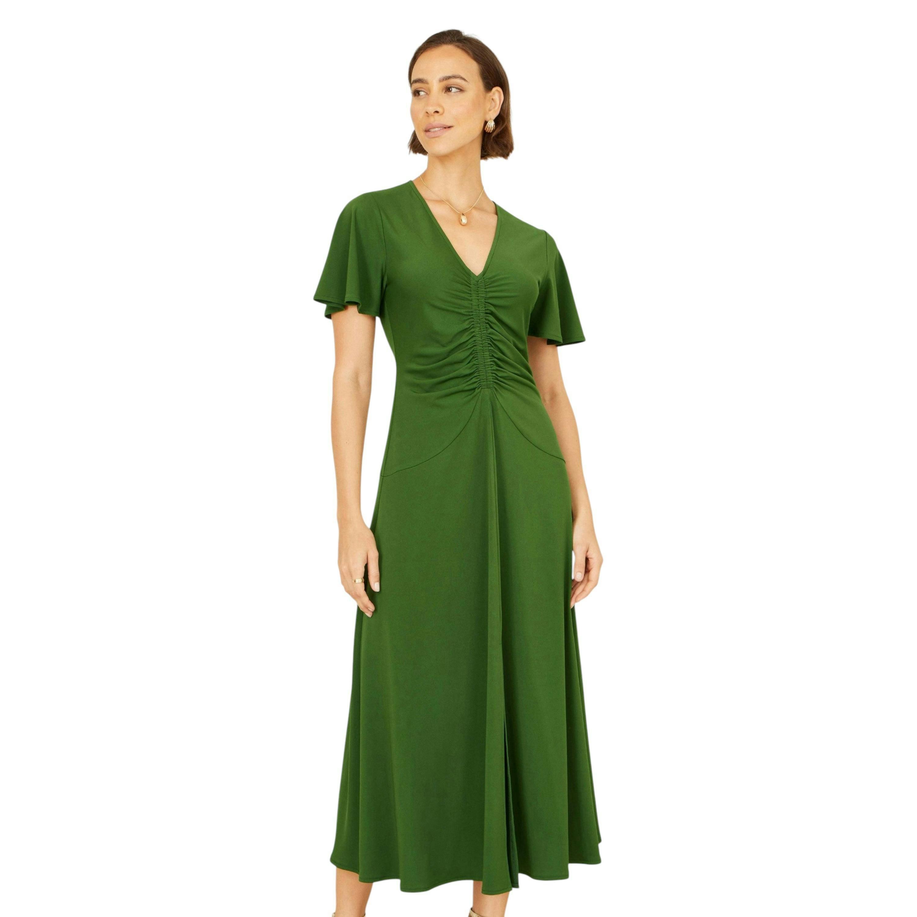 Yumi Green Ruched Front Stretch Midi Dress , view 6 of 6