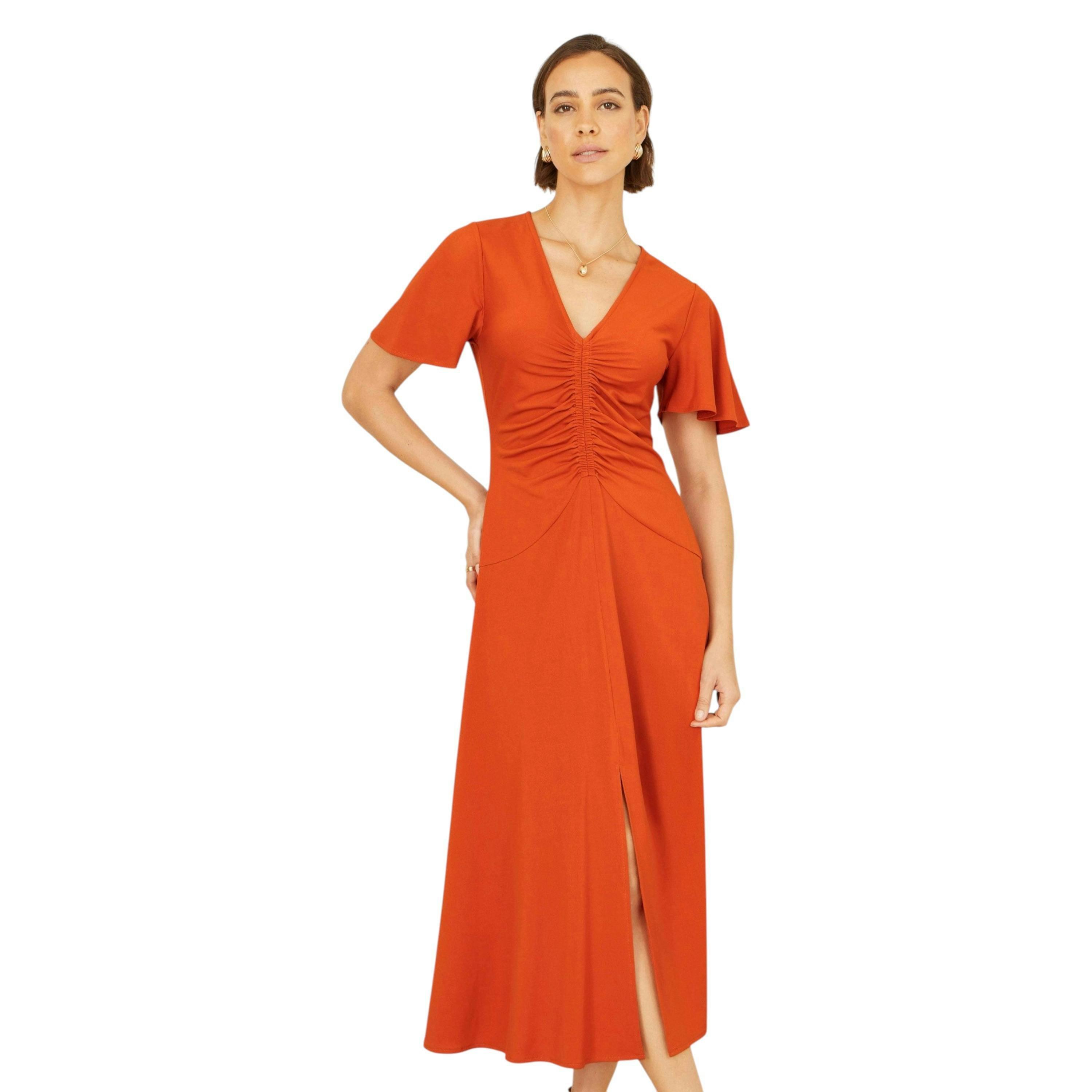 Yumi Orange Ruched Front Stretch Midi Dress , view 1 of 6