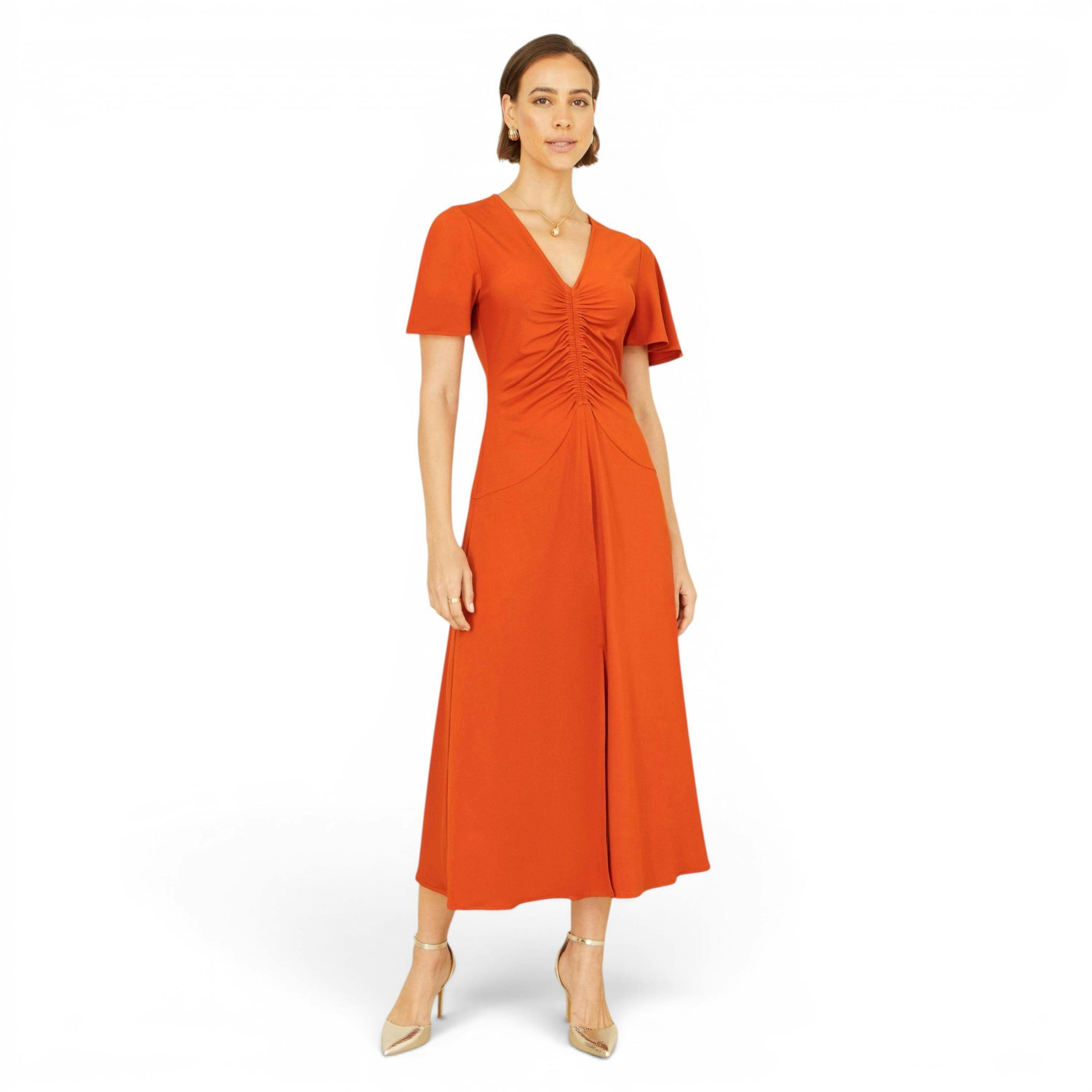 Yumi Orange Ruched Front Stretch Midi Dress , view 3 of 6