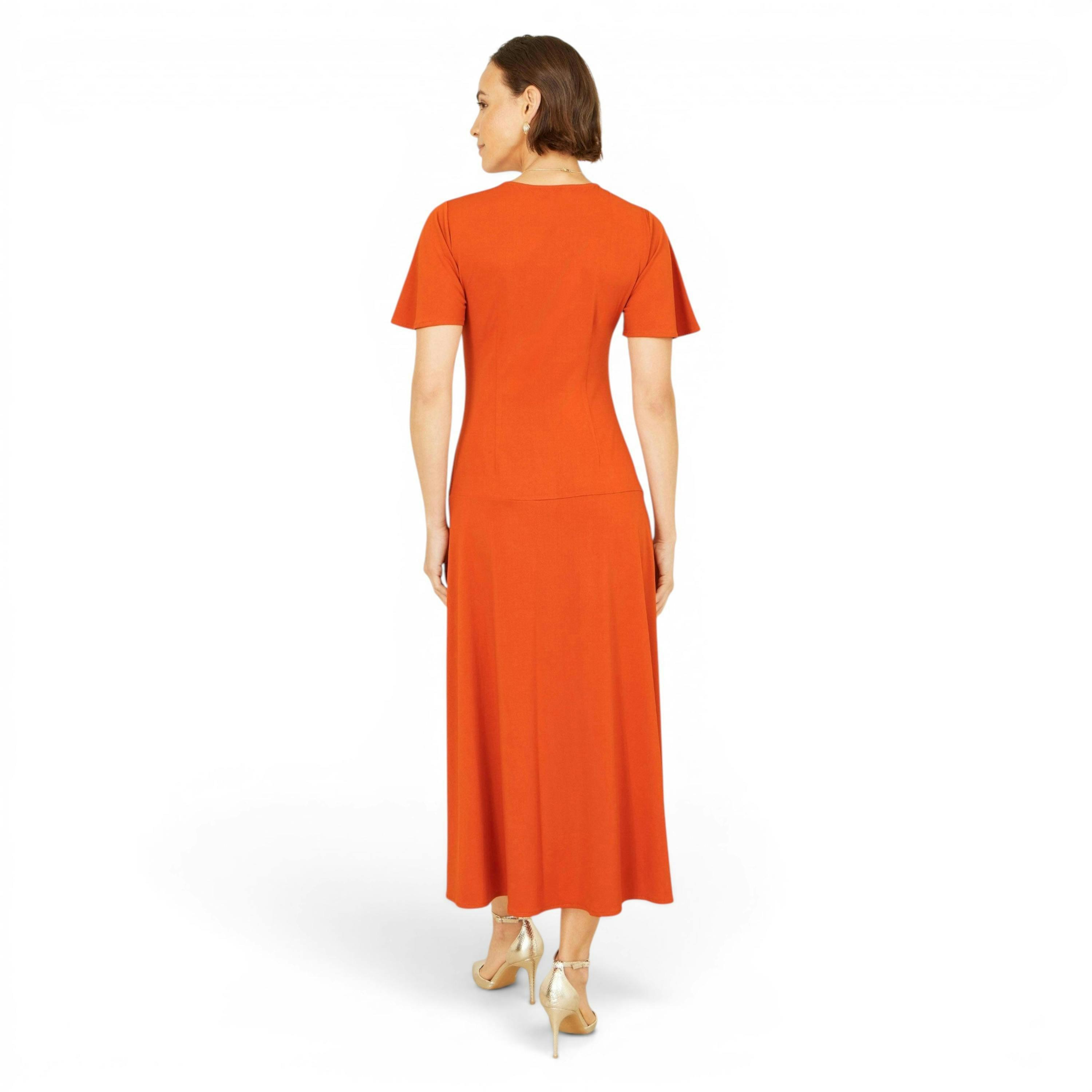 Yumi Orange Ruched Front Stretch Midi Dress , view 4 of 6