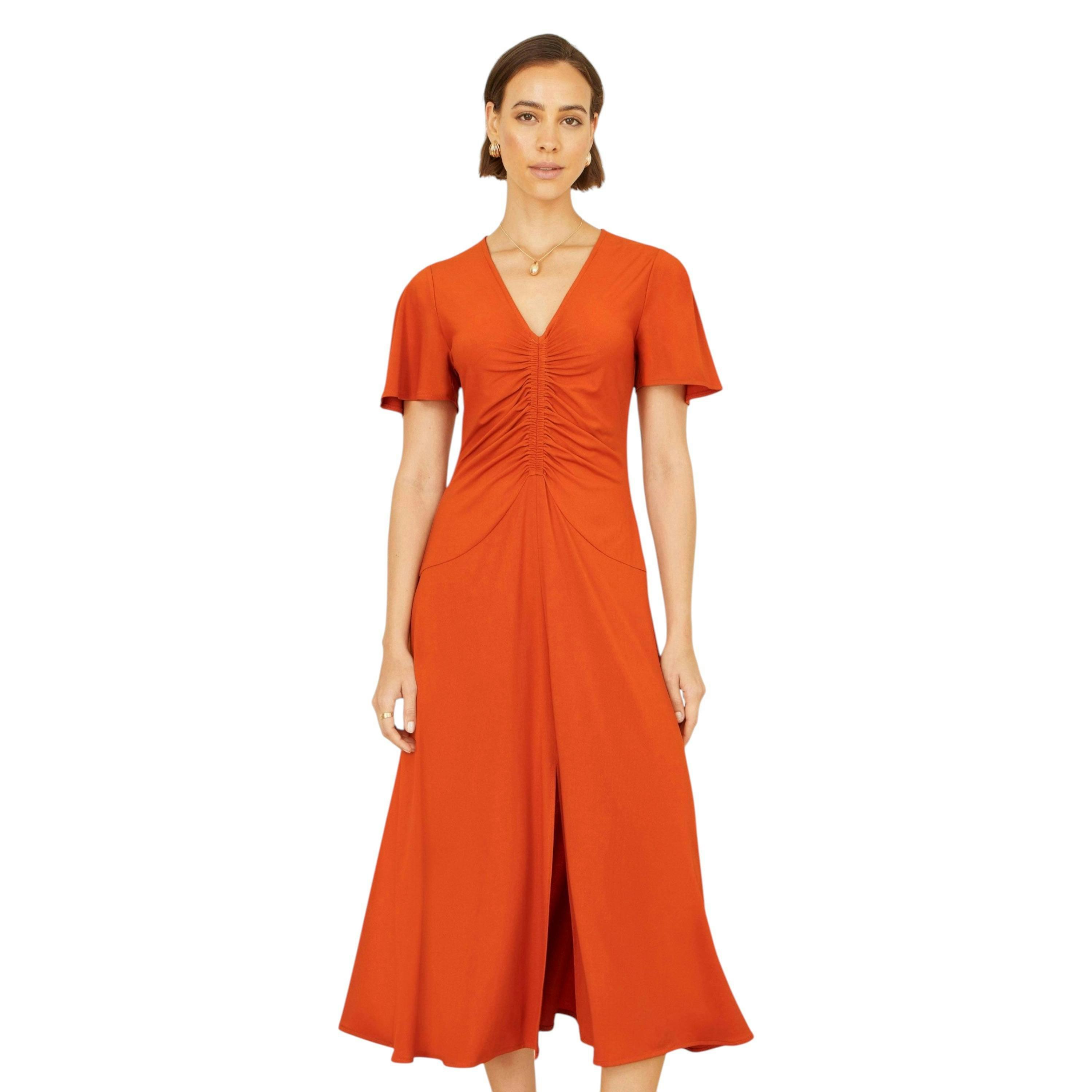 Yumi Orange Ruched Front Stretch Midi Dress , view 5 of 6