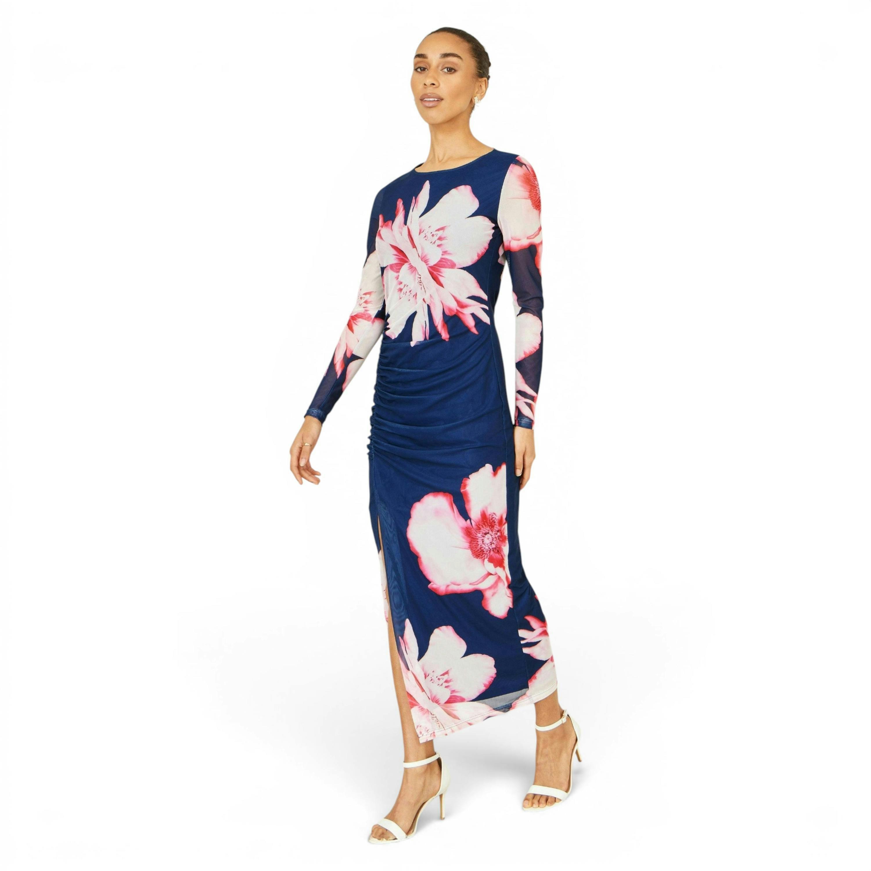 Yumi Navy Floral Placement Floral Long Sleeve Mesh Maxi Dress , view 1 of 6