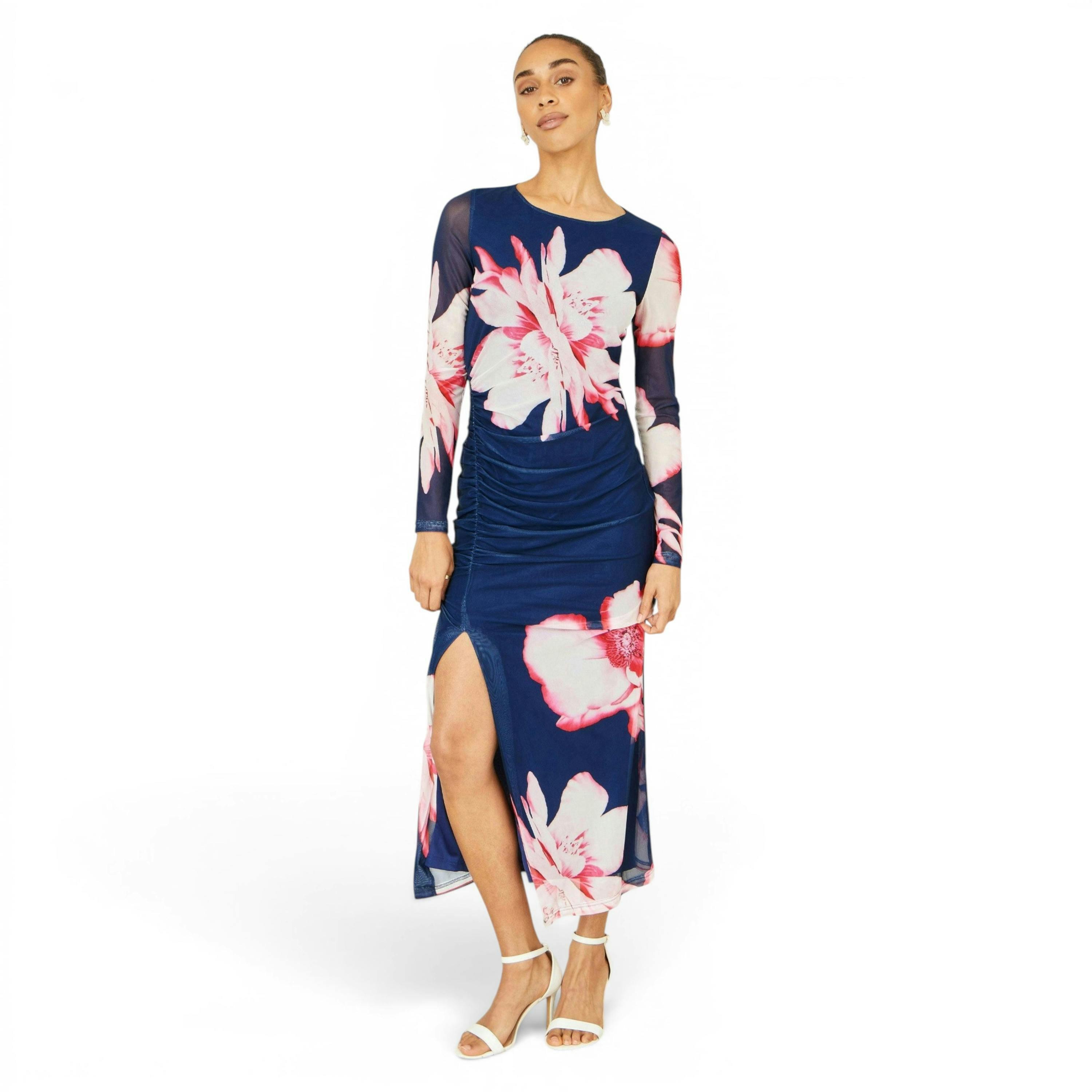 Yumi Navy Floral Placement Floral Long Sleeve Mesh Maxi Dress , view 2 of 6