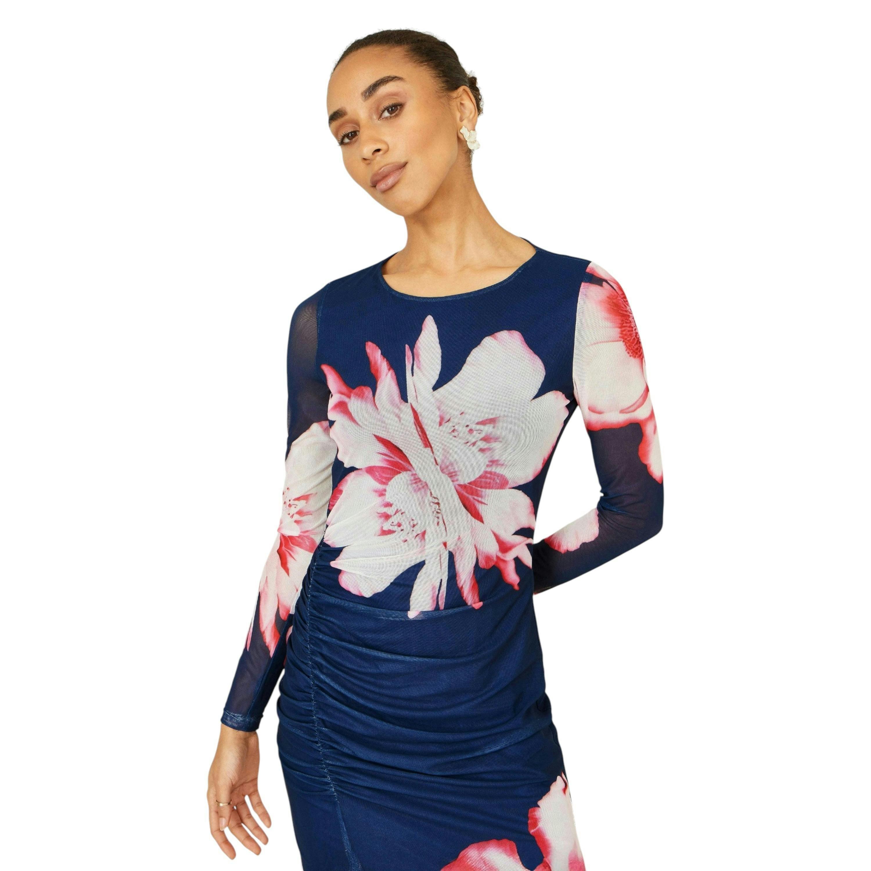 Yumi Navy Floral Placement Floral Long Sleeve Mesh Maxi Dress , view 3 of 6