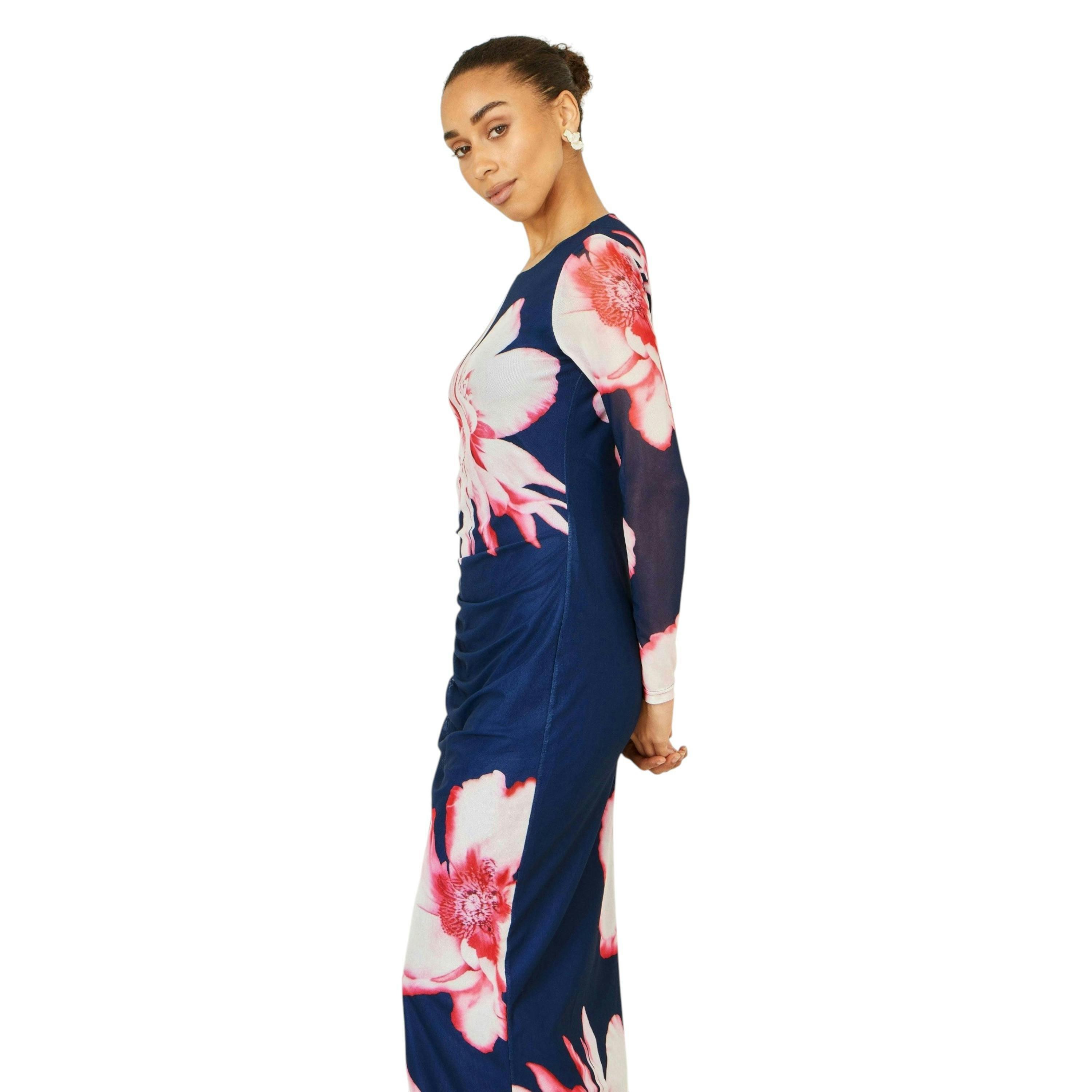 Yumi Navy Floral Placement Floral Long Sleeve Mesh Maxi Dress , view 4 of 6