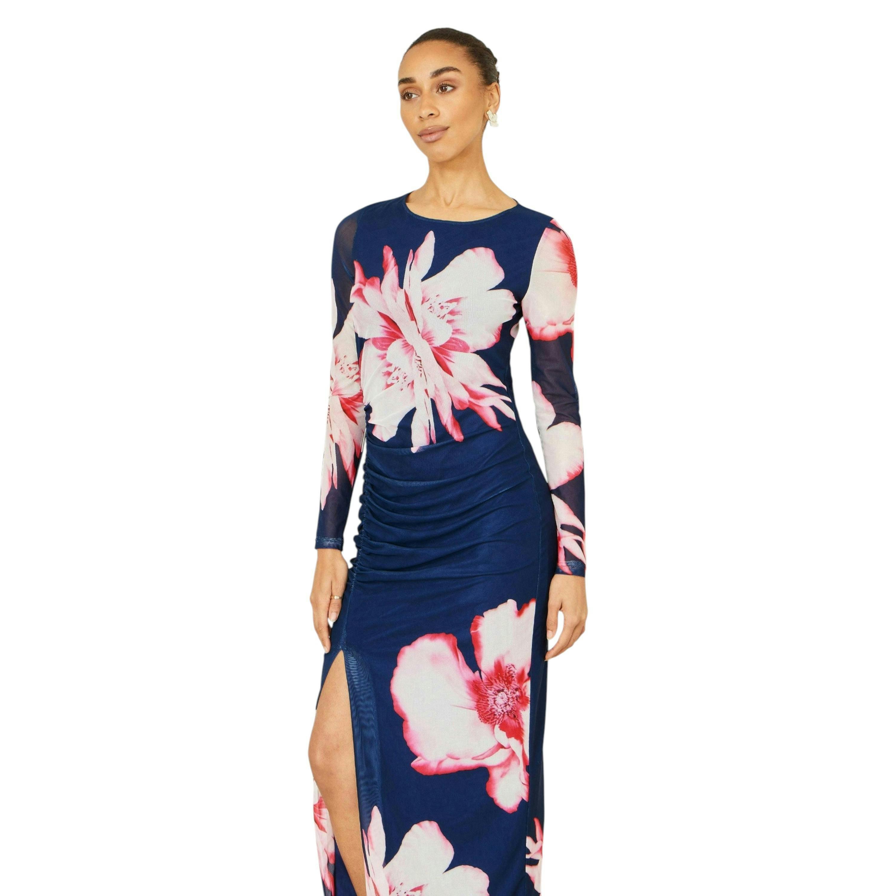Yumi Navy Floral Placement Floral Long Sleeve Mesh Maxi Dress , view 5 of 6