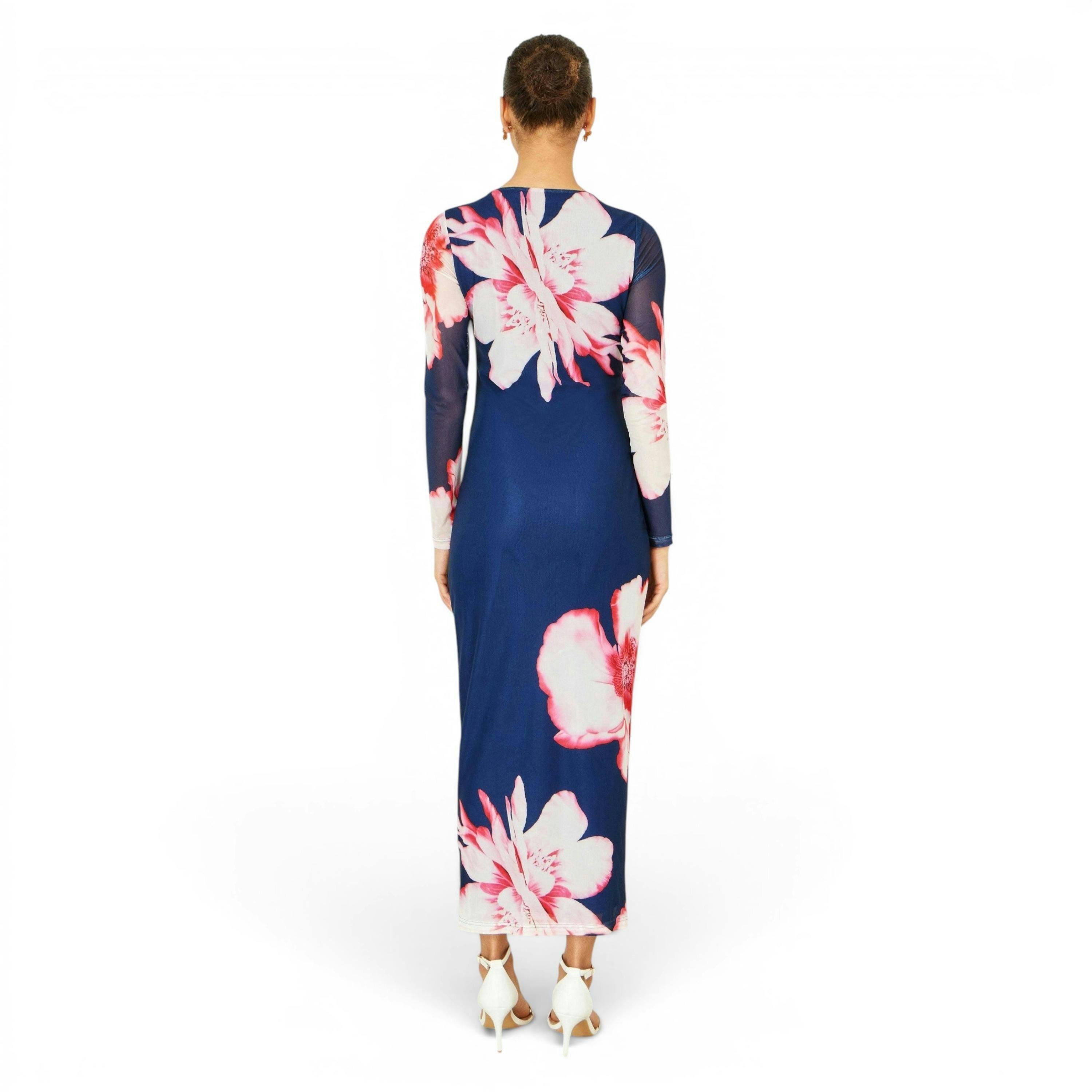 Yumi Navy Floral Placement Floral Long Sleeve Mesh Maxi Dress , view 6 of 6
