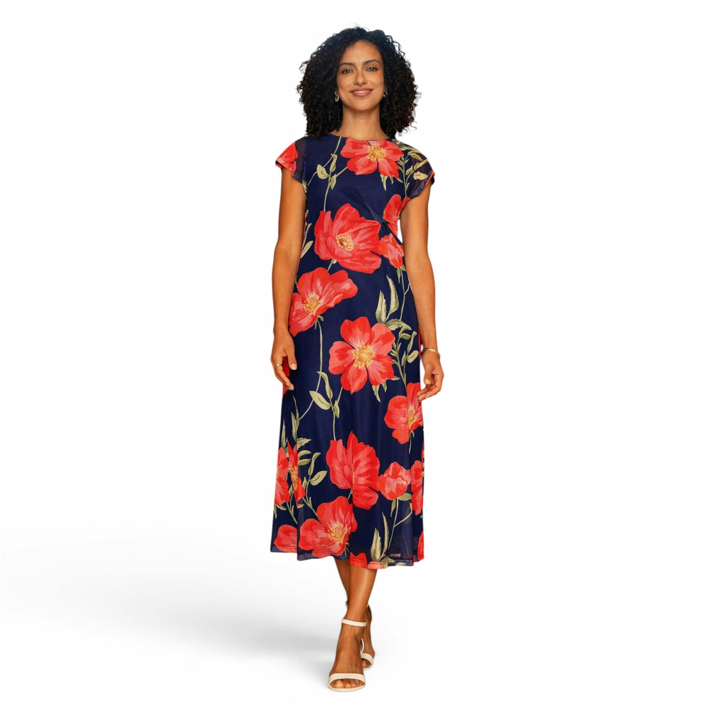 Yumi Navy Poppy Print Midi Mesh Dress , view 1 of 6