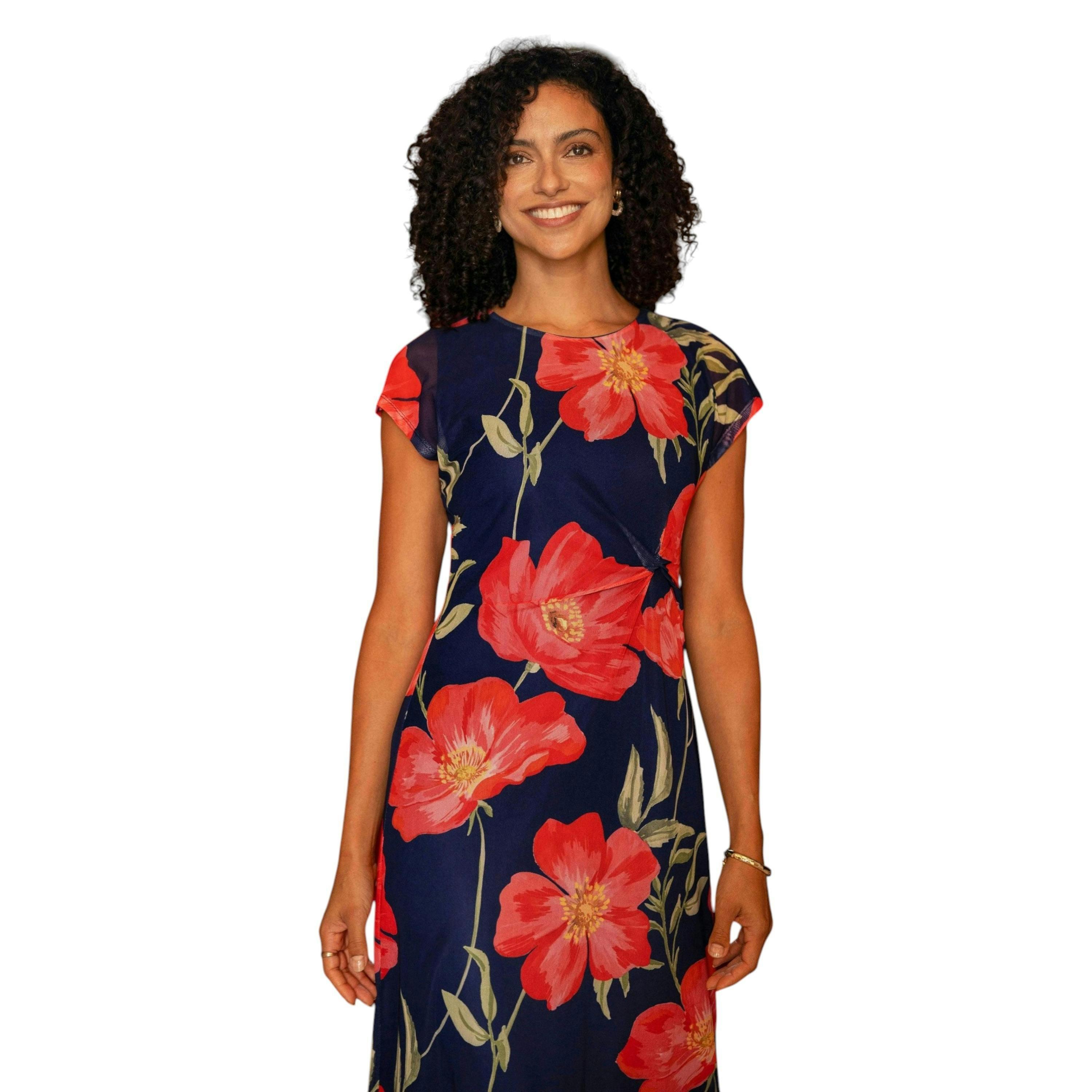 Yumi Navy Poppy Print Midi Mesh Dress , view 2 of 6