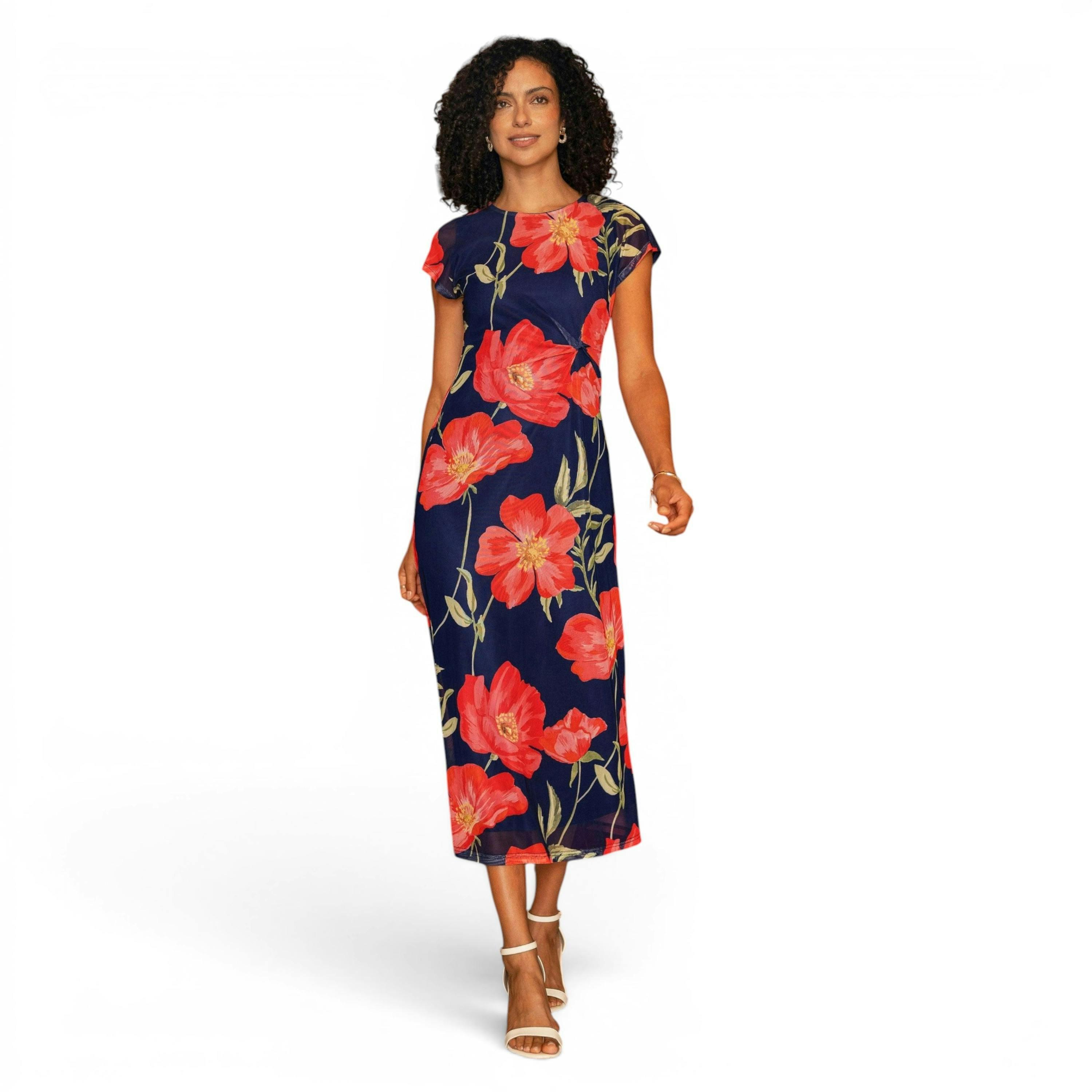 Yumi Navy Poppy Print Midi Mesh Dress , view 3 of 6