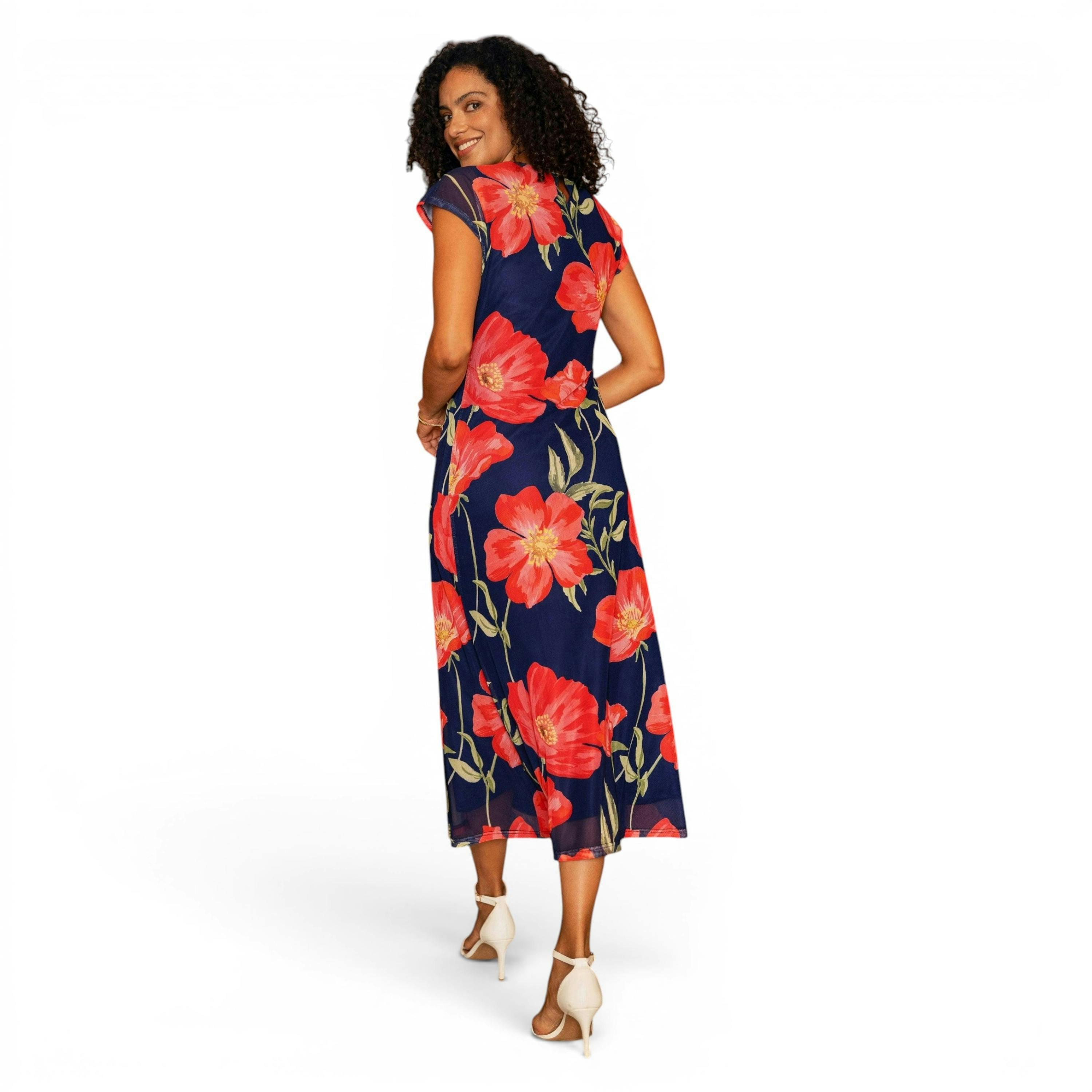 Yumi Navy Poppy Print Midi Mesh Dress , view 5 of 6