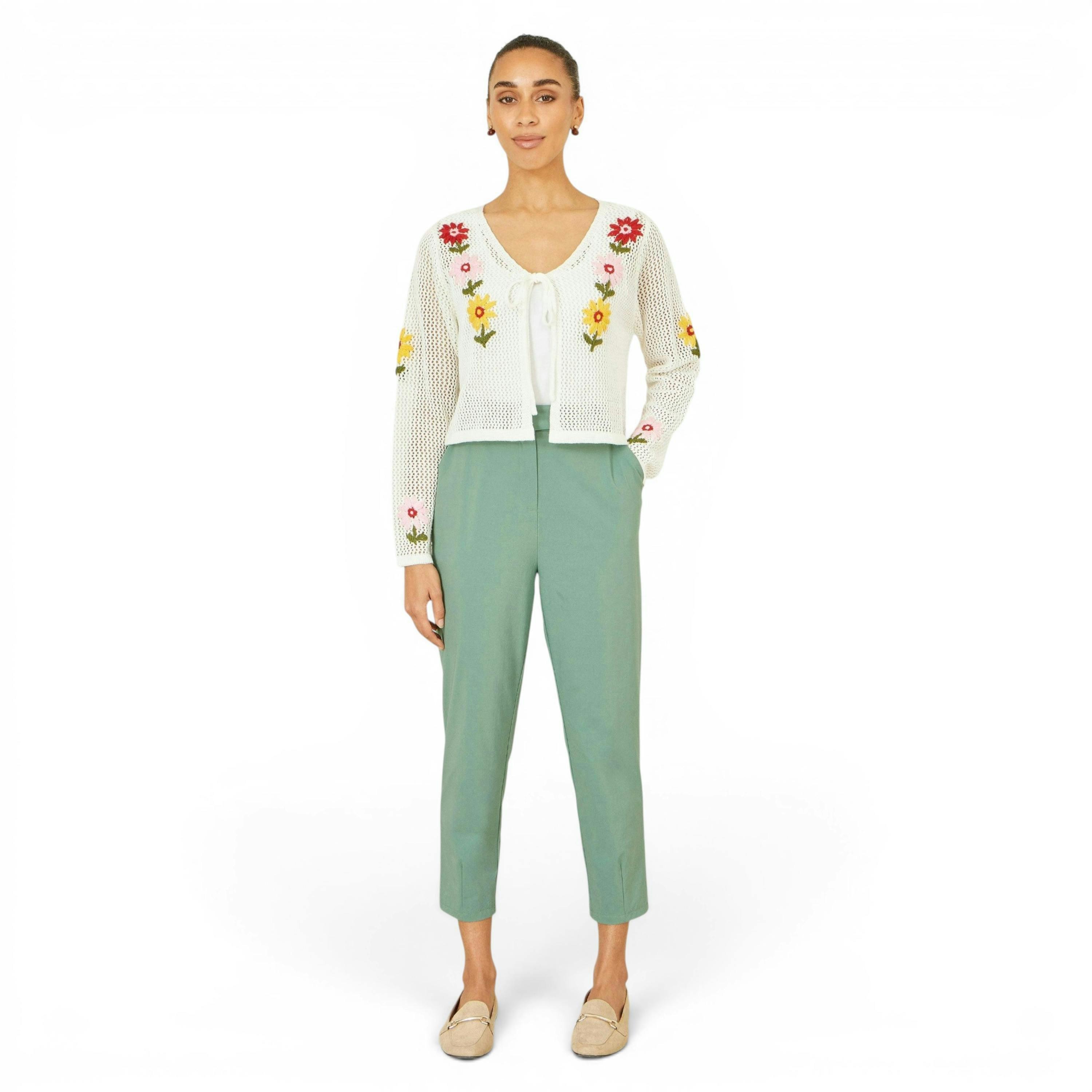 Yumi Green Stretch Capri Pants With Tie Belt , view 1 of 6
