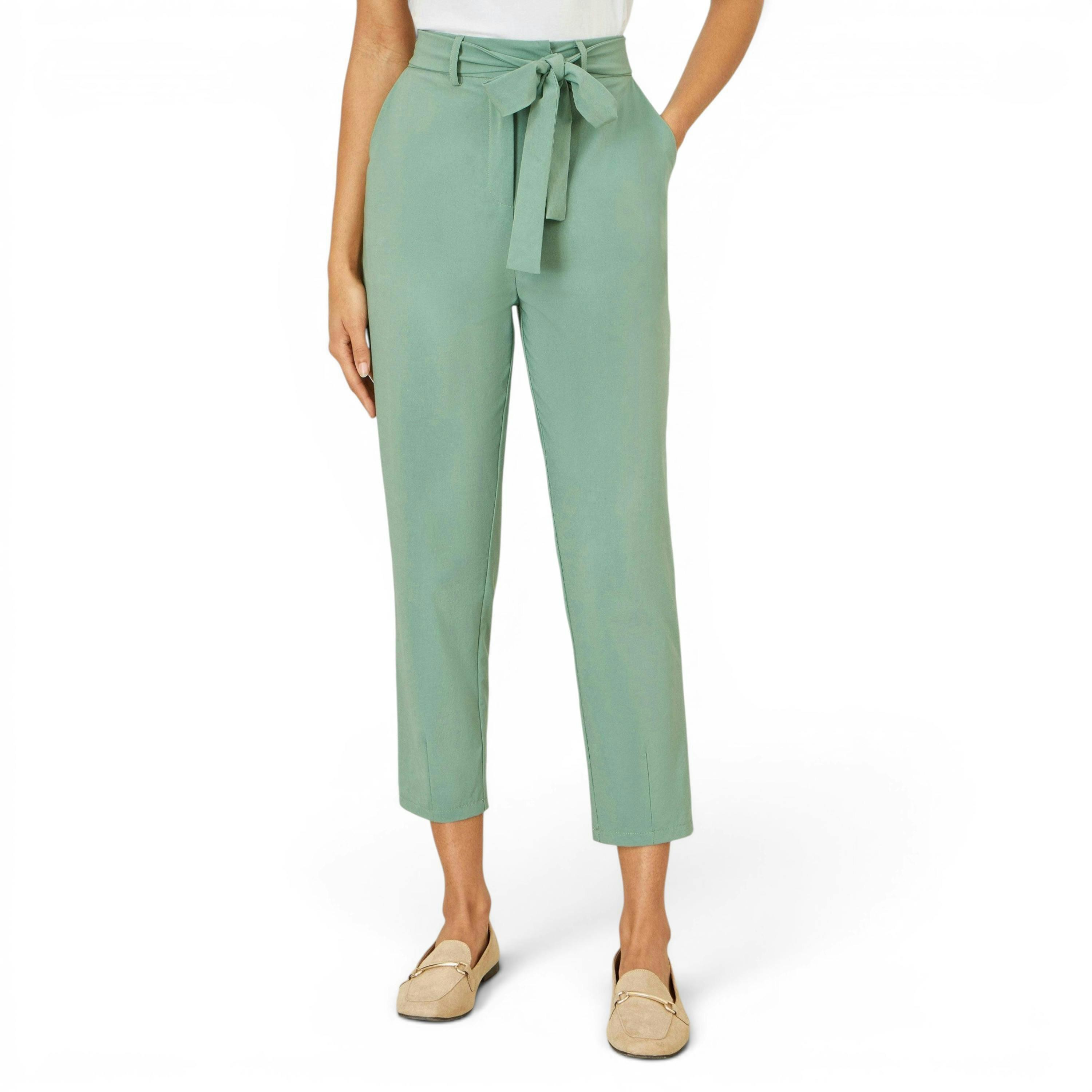 Yumi Green Stretch Capri Pants With Tie Belt , view 2 of 6